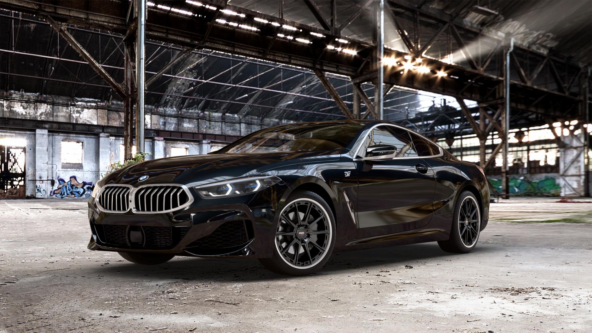 DOTZ SONOMA Black matt/polished lip Felge mit Reifen schwarz in 19Zoll Winterfelge Alufelge auf schwarzem metallic BMW 840d xDrive Typ G15 M850i 840i M8 F8CM (Coupe) 8er Coupé (G8C) ⬇️ mit 15mm Tieferlegung ⬇️ Old Industrial Hall_max_5300mm_2024 Frontansicht_1