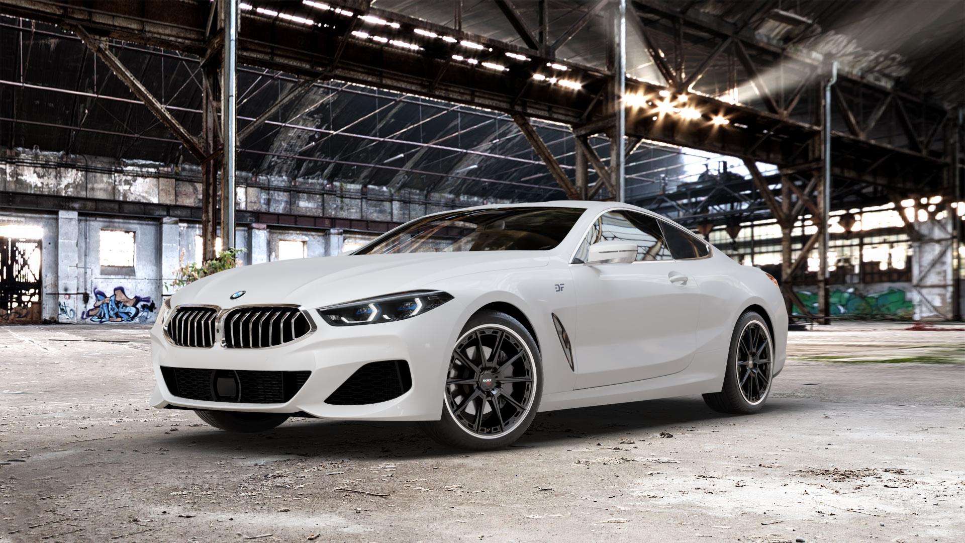 DOTZ SONOMA Black matt/polished lip Felge mit Reifen schwarz in 19Zoll Winterfelge Alufelge auf weissem BMW 840d xDrive Typ G15 M850i 840i M8 F8CM (Coupe) 8er Coupé (G8C) ⬇️ mit 15mm Tieferlegung ⬇️ Old Industrial Hall_max_5300mm_2024 Frontansicht_1