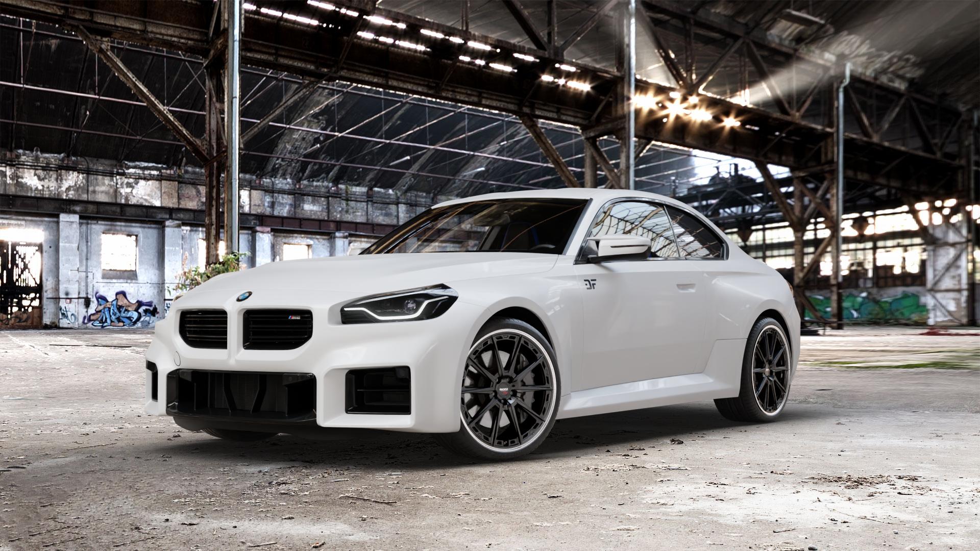 DOTZ SONOMA BLACK MATT/POLISHED LIP Felge mit Reifen schwarz in 20Zoll Winterfelge Alufelge auf weissem BMW M2 Typ G87 ⬇️ mit 15mm Tieferlegung ⬇️ Old Industrial Hall_max_5300mm_2024 Frontansicht_1