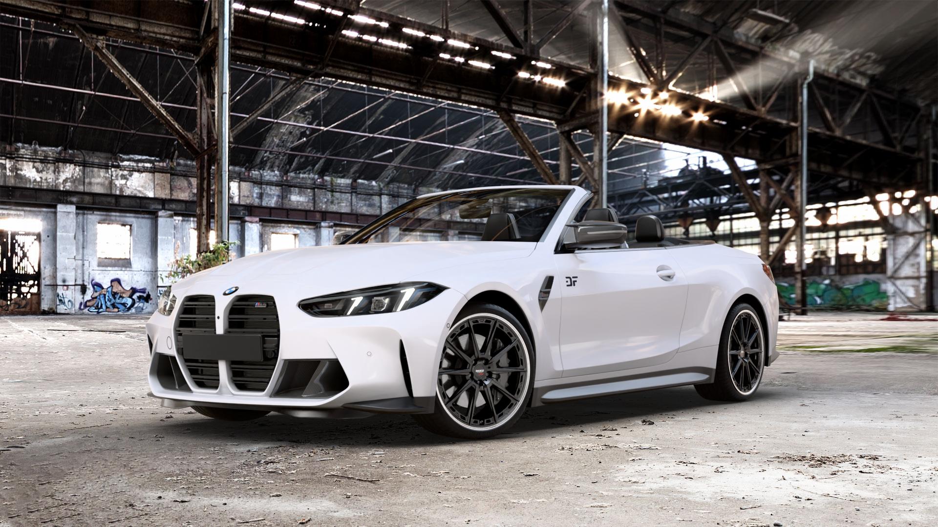 DOTZ SONOMA BLACK MATT/POLISHED LIP Felge mit Reifen schwarz in 20Zoll Winterfelge Alufelge auf weissem BMW M4 Typ G83 (Cabrio) Facelift 3,0l 390kW Competition xDrive (530 PS) ⬇️ mit 15mm Tieferlegung ⬇️ Old Industrial Hall_max_5300mm_2024 Frontansicht_1