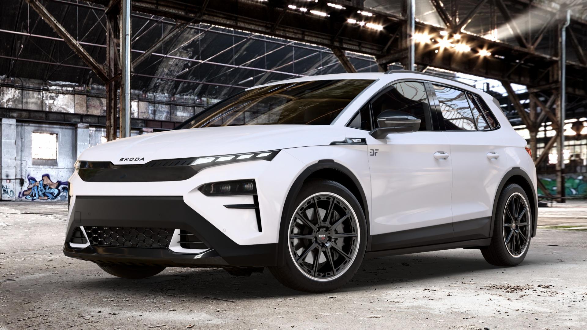 DOTZ SONOMA BLACK MATT/POLISHED LIP Felge mit Reifen schwarz in 20Zoll Winterfelge Alufelge auf weissem Skoda Elroq Typ NY 0,0l 77kW RS (105 PS) ⬇️ mit 15mm Tieferlegung ⬇️ Old Industrial Hall_max_4400mm_2024 Frontansicht_1