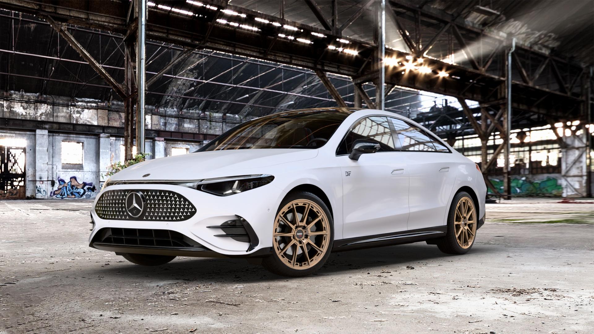 DOTZ SONOMA BRONZE MATT Felge mit Reifen in 19Zoll Winterfelge Alufelge auf weissem Mercedes CLA EQ Typ C174 (MMCLAE) 0,0l 250+ 145kW (197 PS) 350 4Matic 200kW (272 ⬇️ mit 15mm Tieferlegung ⬇️ Old Industrial Hall_max_5300mm_2024 Frontansicht_1