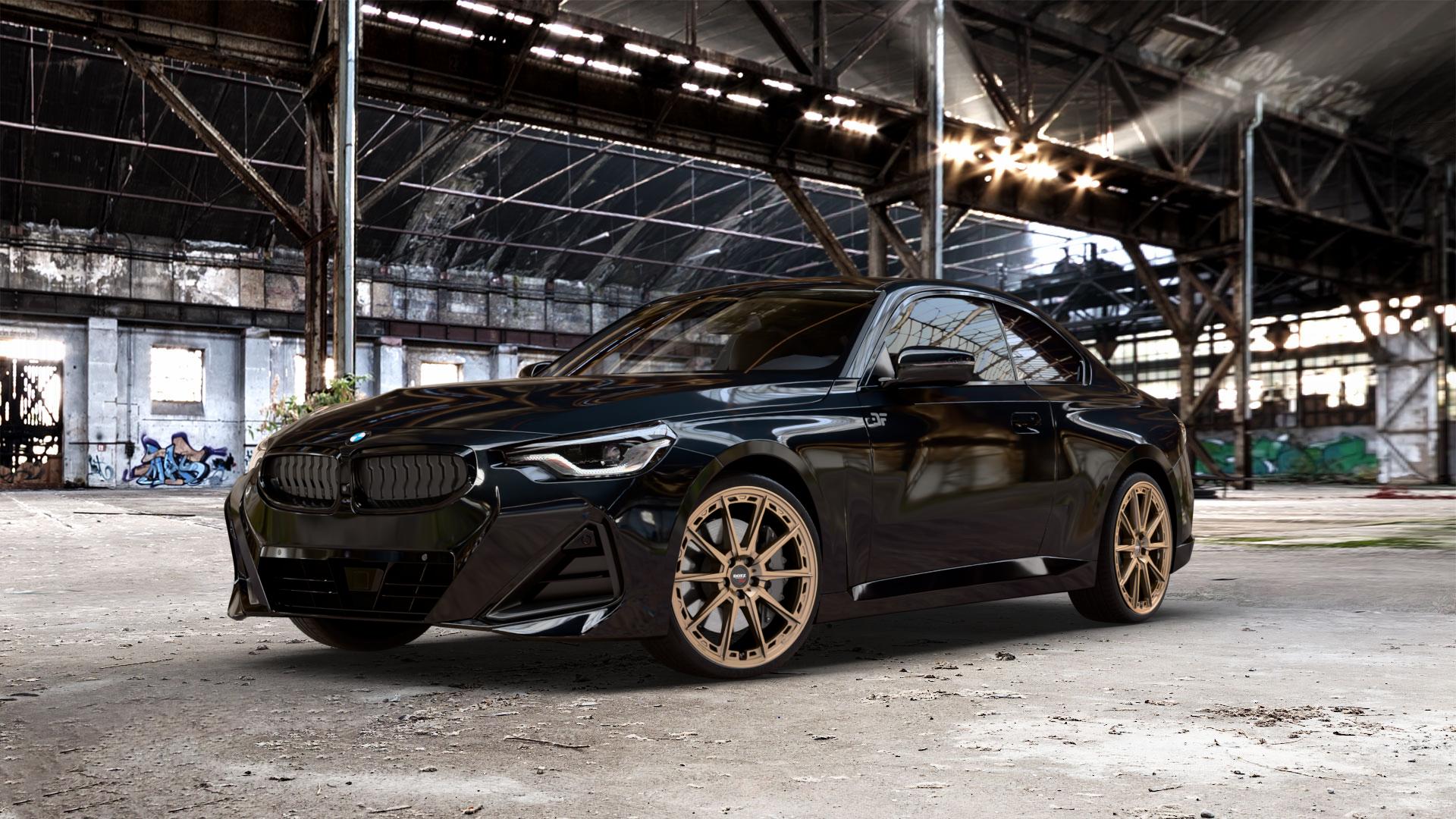 DOTZ SONOMA BRONZE MATT Felge mit Reifen in 20Zoll Winterfelge Alufelge auf metallic schwarzem BMW 2er G42 Coupé (G2C) ⬇️ mit 15mm Tieferlegung ⬇️ Old Industrial Hall_max_5300mm_2024 Frontansicht_1
