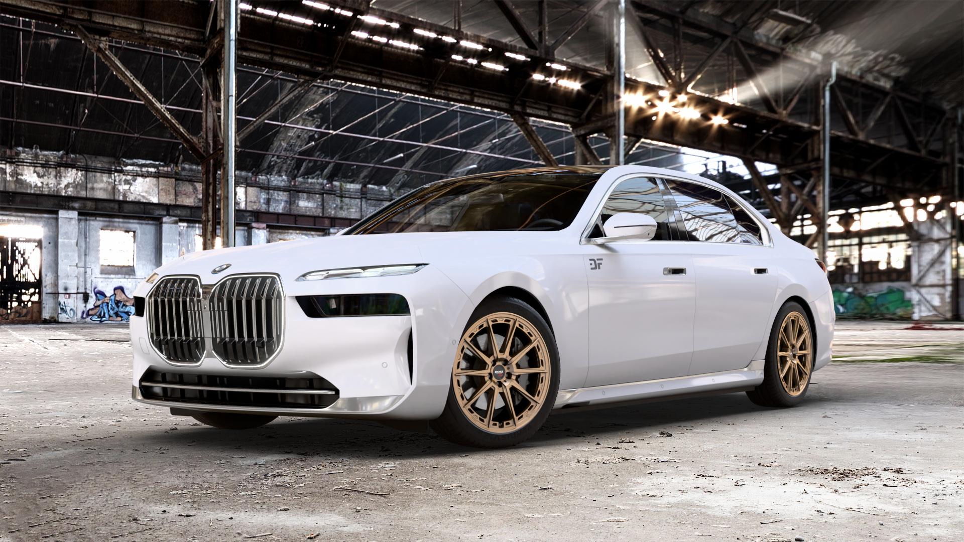 DOTZ SONOMA BRONZE MATT Felge mit Reifen in 20Zoll Winterfelge Alufelge auf weissem BMW 7er G70 Limousine (G7L) ⬇️ mit 15mm Tieferlegung ⬇️ Old Industrial Hall_max_5300mm_2024 Frontansicht_1