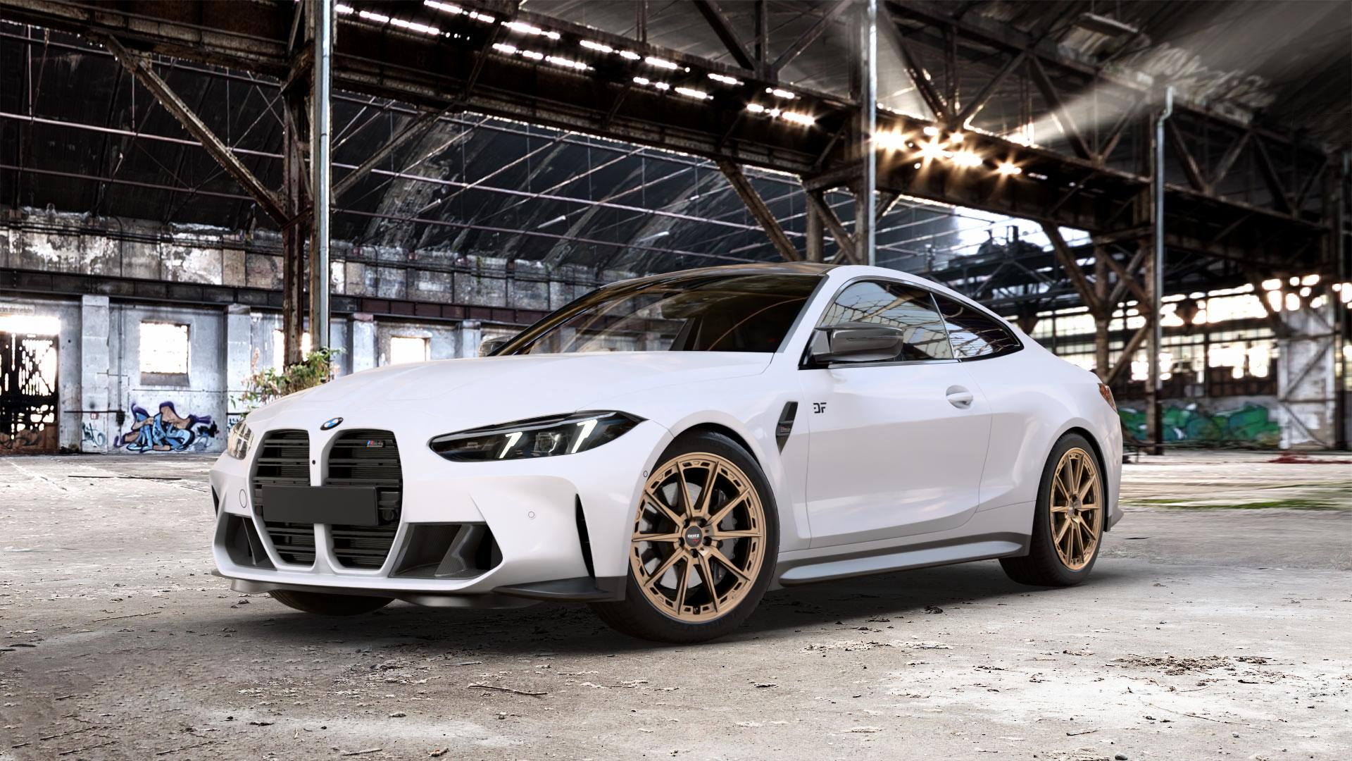 DOTZ SONOMA BRONZE MATT Felge mit Reifen in 20Zoll Winterfelge Alufelge auf weissem BMW M4 Typ G82 (Coupe) Facelift 3,0l 390kW Competition xDrive (530 PS) CS 405kW (551 353kW (480 375kW (510 ⬇️ mit 15mm Tieferlegung ⬇️ Old Industrial Hall_max_5300mm_2024 Frontansicht_1