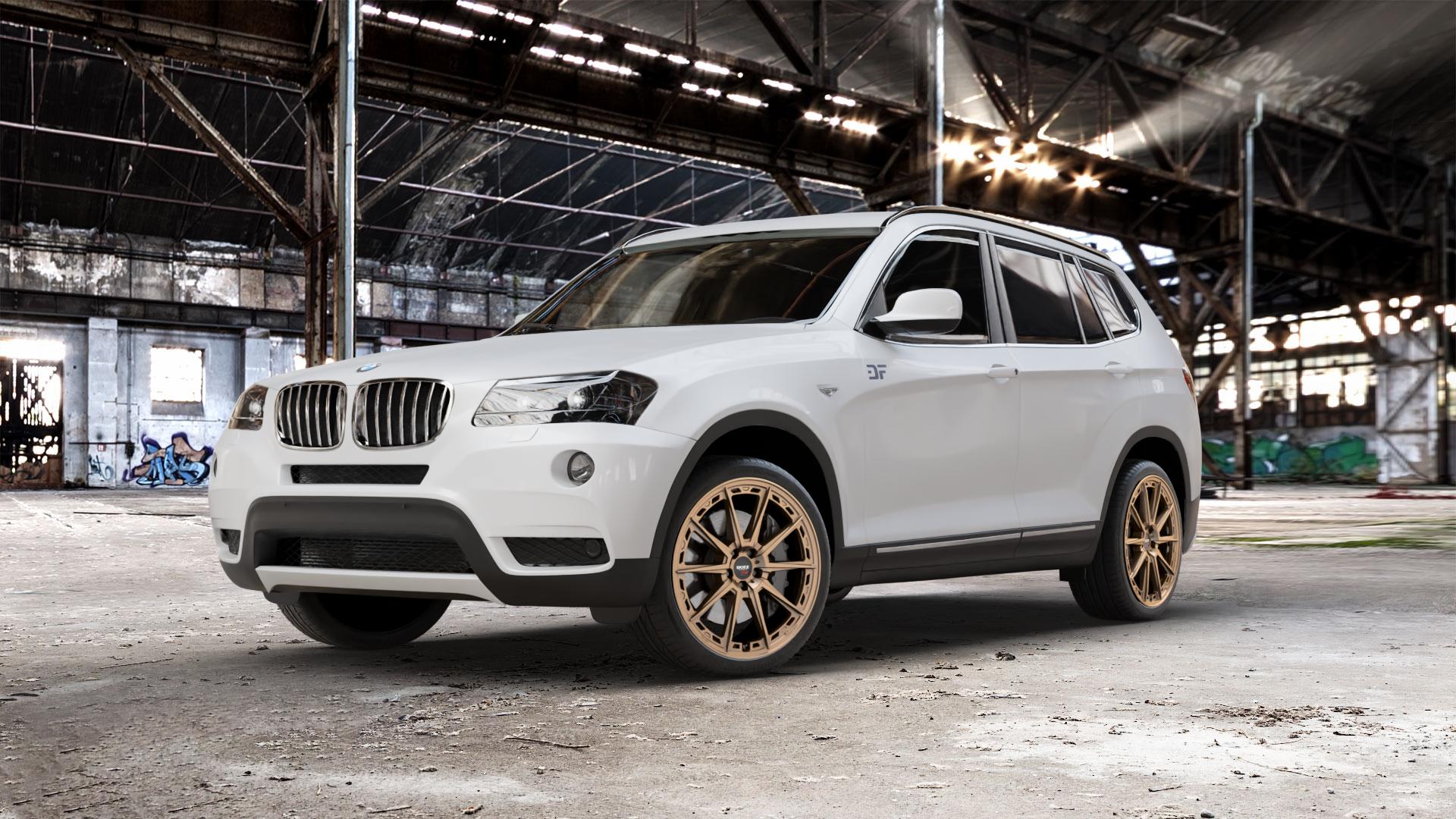 DOTZ SONOMA BRONZE MATT Felge mit Reifen in 20Zoll Winterfelge Alufelge auf weissem BMW X3 Typ F25 (X3, X-N1) ⬇️ mit 15mm Tieferlegung ⬇️ Old Industrial Hall_max_5300mm_2024 Frontansicht_1