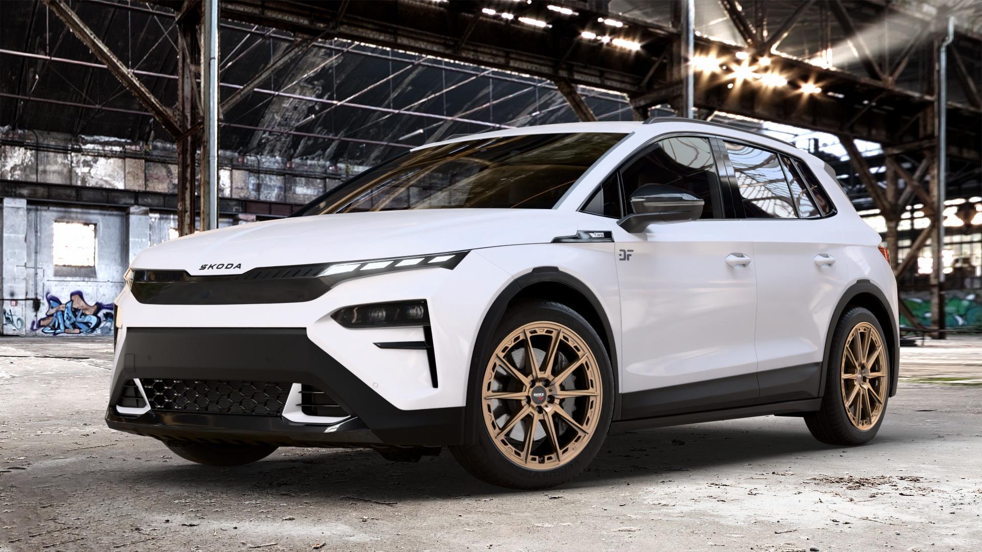 DOTZ SONOMA BRONZE MATT Felge mit Reifen in 20Zoll Winterfelge Alufelge auf weissem Skoda Elroq Typ NY 0,0l 77kW RS (105 PS) ⬇️ mit 15mm Tieferlegung ⬇️ Old Industrial Hall_max_4400mm_2024 Frontansicht_1
