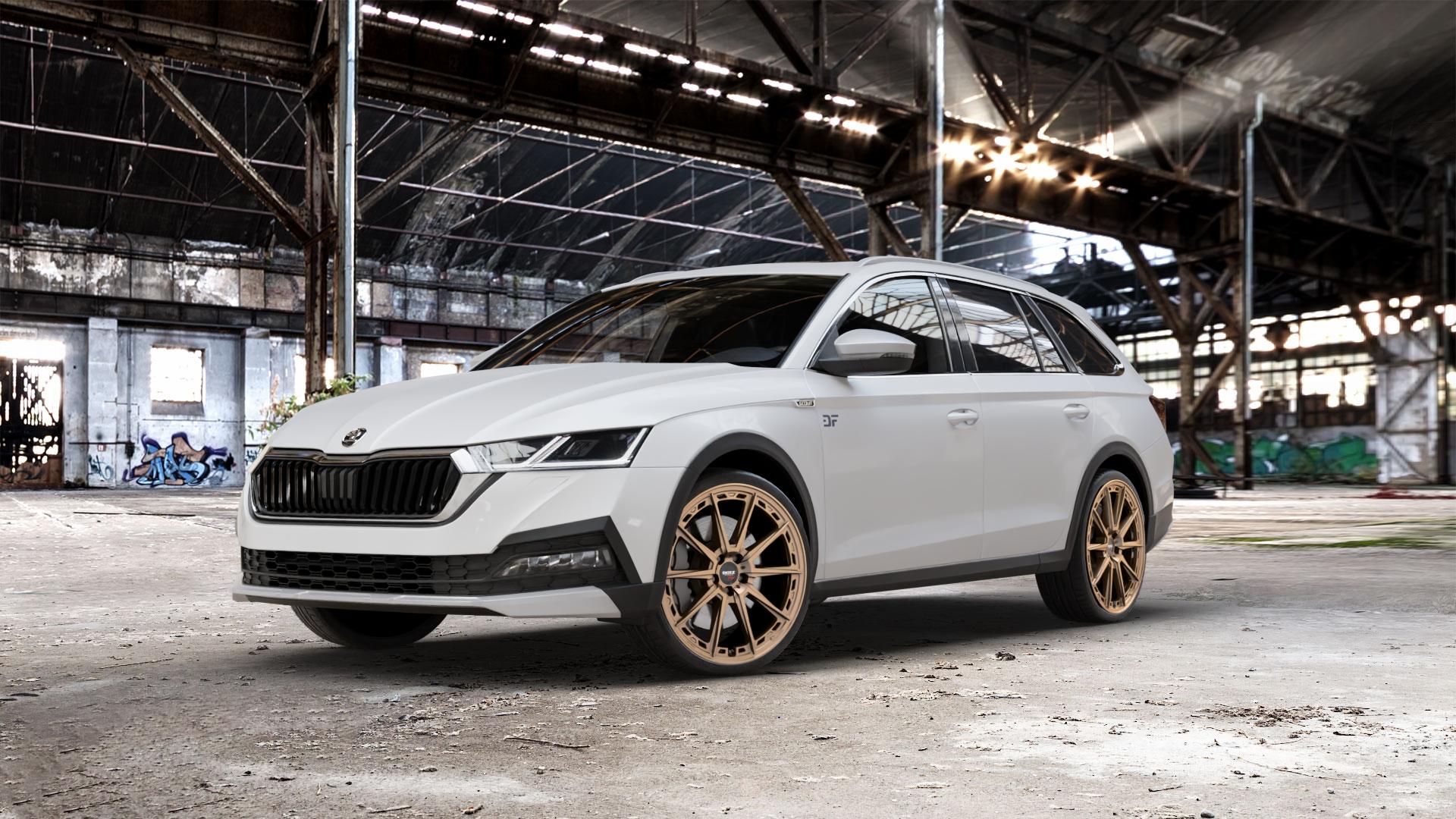 DOTZ SONOMA BRONZE MATT Felge mit Reifen in 20Zoll Winterfelge Alufelge auf weissem Skoda Octavia IV Scout Typ NX ⬇️ mit 15mm Tieferlegung ⬇️ Old Industrial Hall_max_5300mm_2024 Frontansicht_1