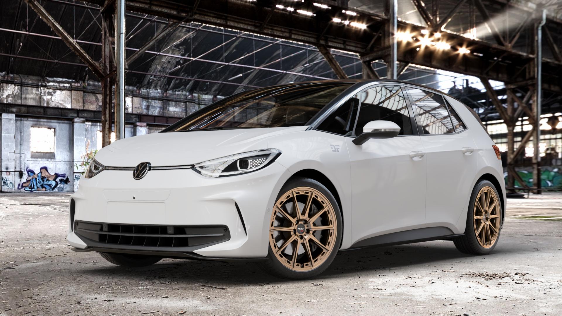 DOTZ SONOMA BRONZE MATT Felge mit Reifen in 20Zoll Winterfelge Alufelge auf weissem Volkswagen (VW) ID.3 Facelift ⬇️ mit 15mm Tieferlegung ⬇️ Old Industrial Hall_max_4400mm_2024 Frontansicht_1