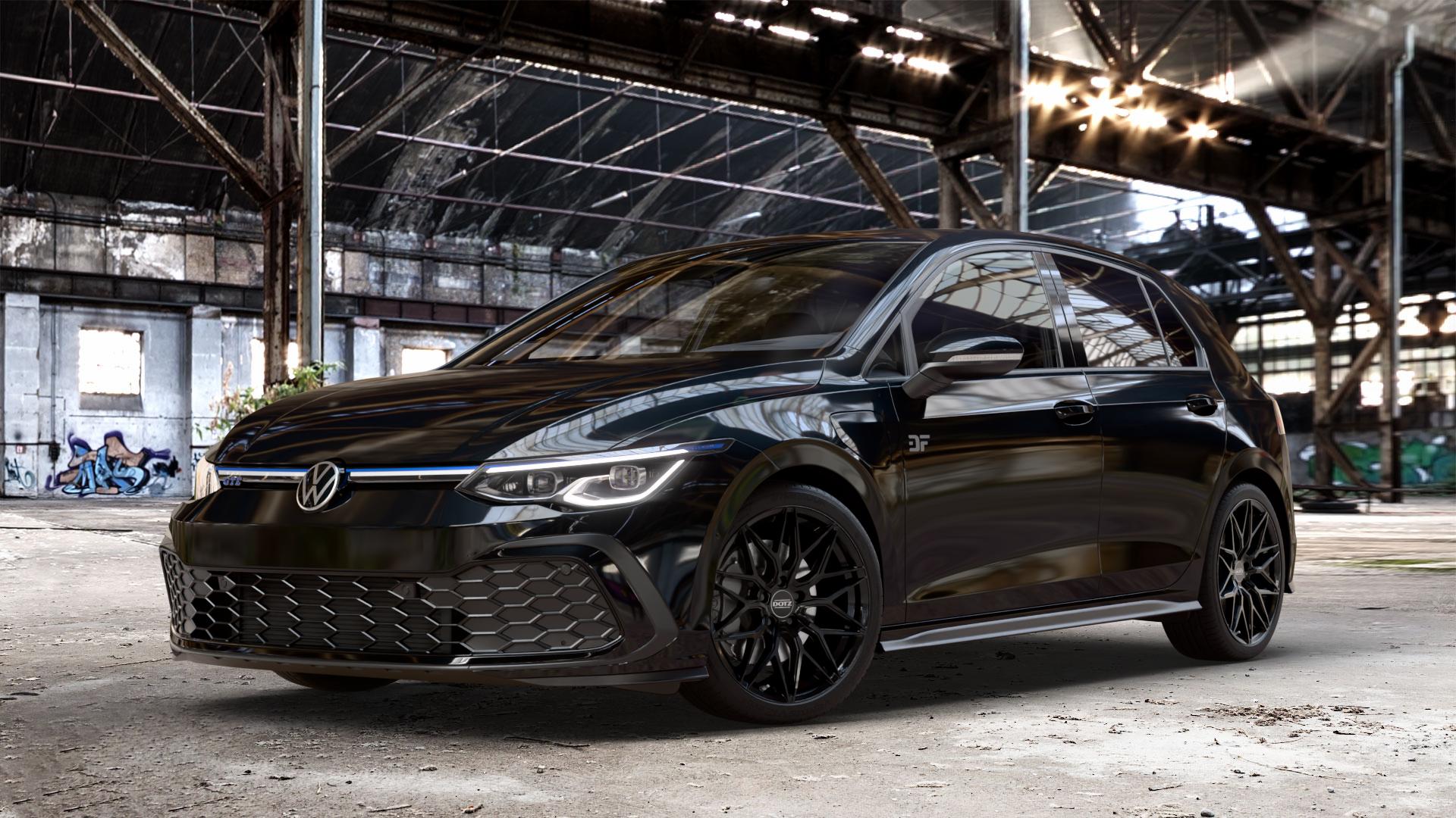 DOTZ SUZUKA BLACK Felge mit Reifen schwarz in 18Zoll Winterfelge Alufelge auf schwarzem metallic Volkswagen (VW) Golf 8 1,4l GTE 110kW Hybrid (150 PS) ⬇️ mit 15mm Tieferlegung ⬇️ Old Industrial Hall_max_4400mm_2024 Frontansicht_1
