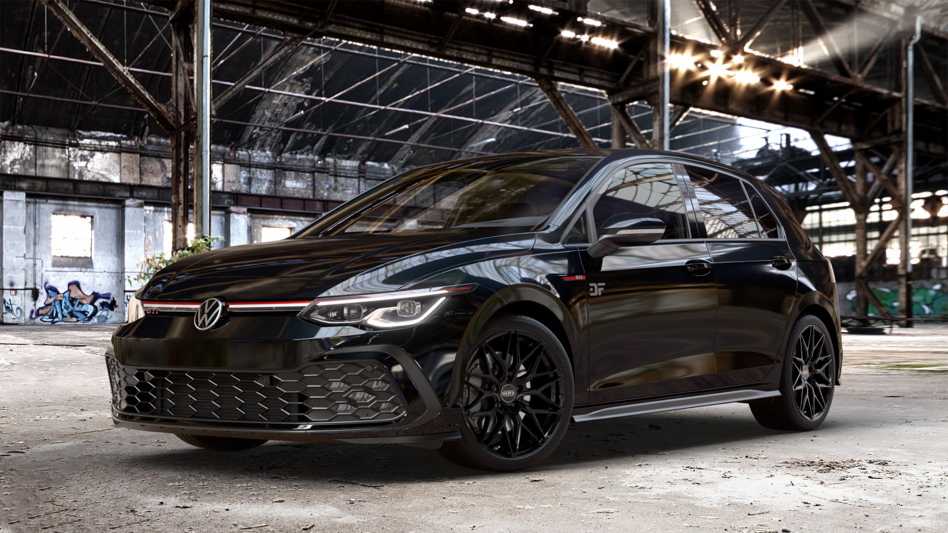 DOTZ SUZUKA BLACK Felge mit Reifen schwarz in 18Zoll Winterfelge Alufelge auf schwarzem metallic Volkswagen (VW) Golf 8 2,0l GTI 180kW (245 PS) ⬇️ mit 15mm Tieferlegung ⬇️ Old Industrial Hall_max_4400mm_2024 Frontansicht_1