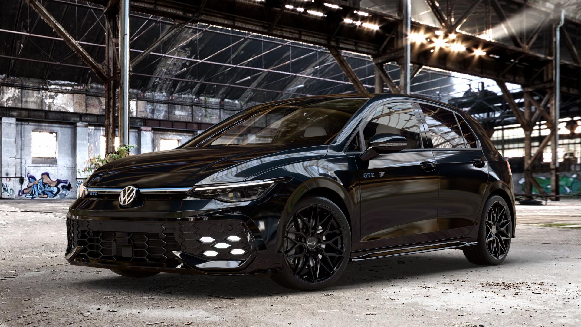 DOTZ SUZUKA BLACK Felge mit Reifen schwarz in 18Zoll Winterfelge Alufelge auf schwarzem Volkswagen (VW) Golf 8 Facelift 1,5l TSI GTE 130kW Hybrid (177 PS) ⬇️ mit 15mm Tieferlegung ⬇️ Old Industrial Hall_max_4400mm_2024 Frontansicht_1