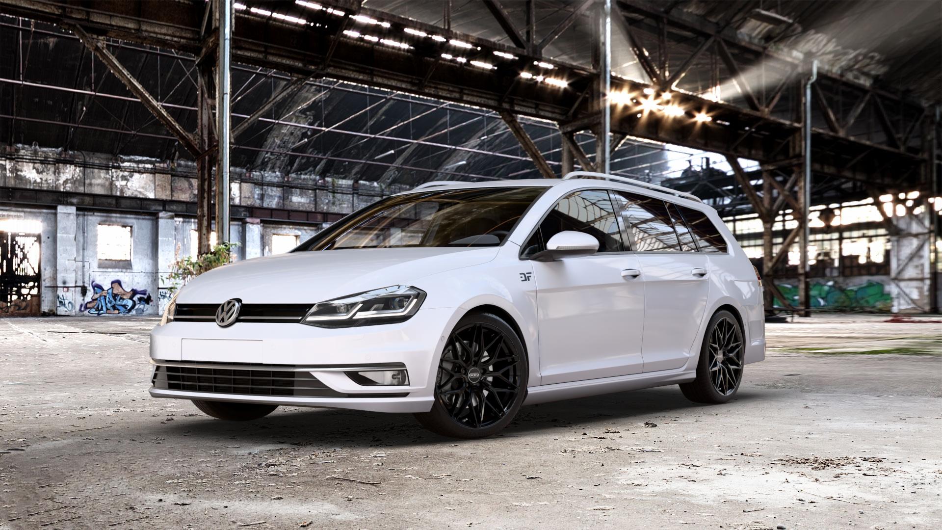 DOTZ SUZUKA BLACK Felge mit Reifen schwarz in 18Zoll Winterfelge Alufelge auf weissem unilack Volkswagen (VW) Golf 7 Variant Facelift ⬇️ mit 15mm Tieferlegung ⬇️ Old Industrial Hall_max_5300mm_2024 Frontansicht_1