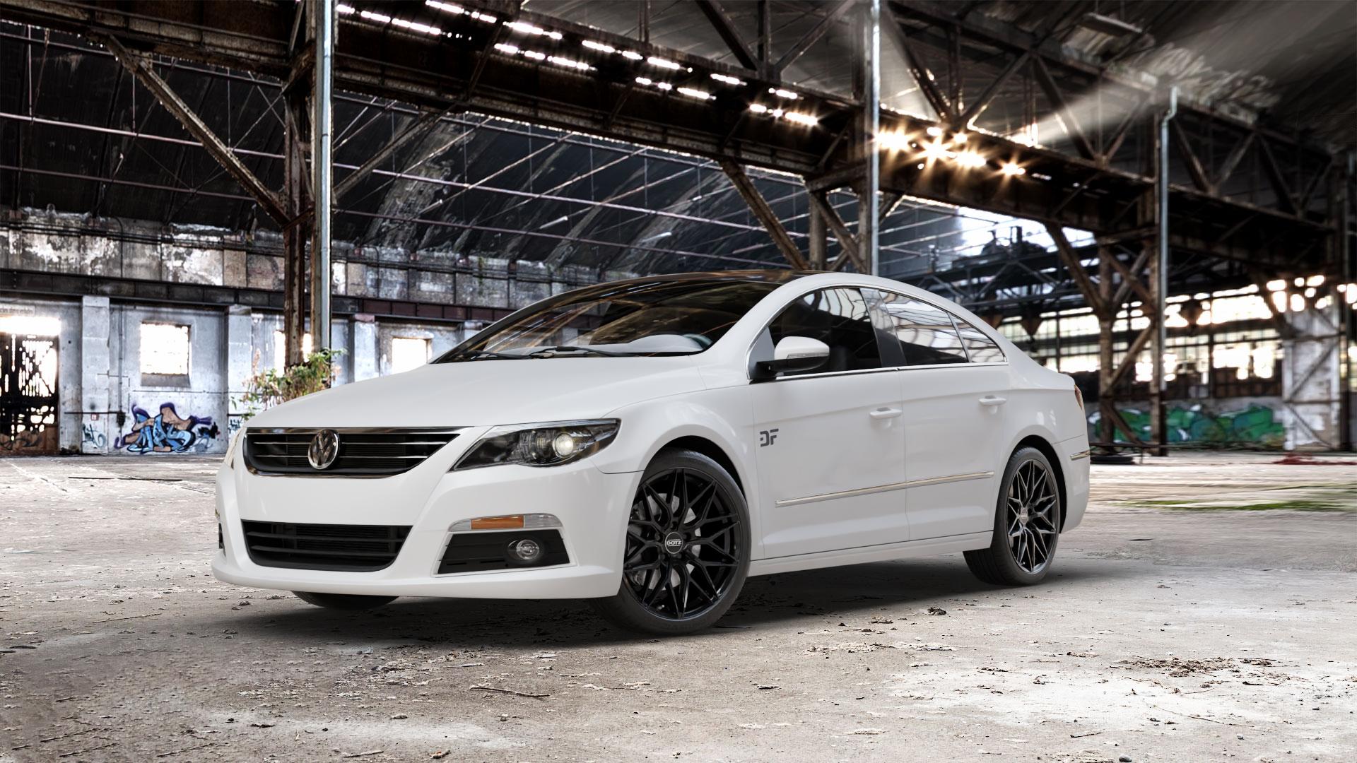 DOTZ SUZUKA BLACK Felge mit Reifen schwarz in 18Zoll Winterfelge Alufelge auf weissem Volkswagen (VW) CC I ⬇️ mit 15mm Tieferlegung ⬇️ Old Industrial Hall_max_5300mm_2024 Frontansicht_1