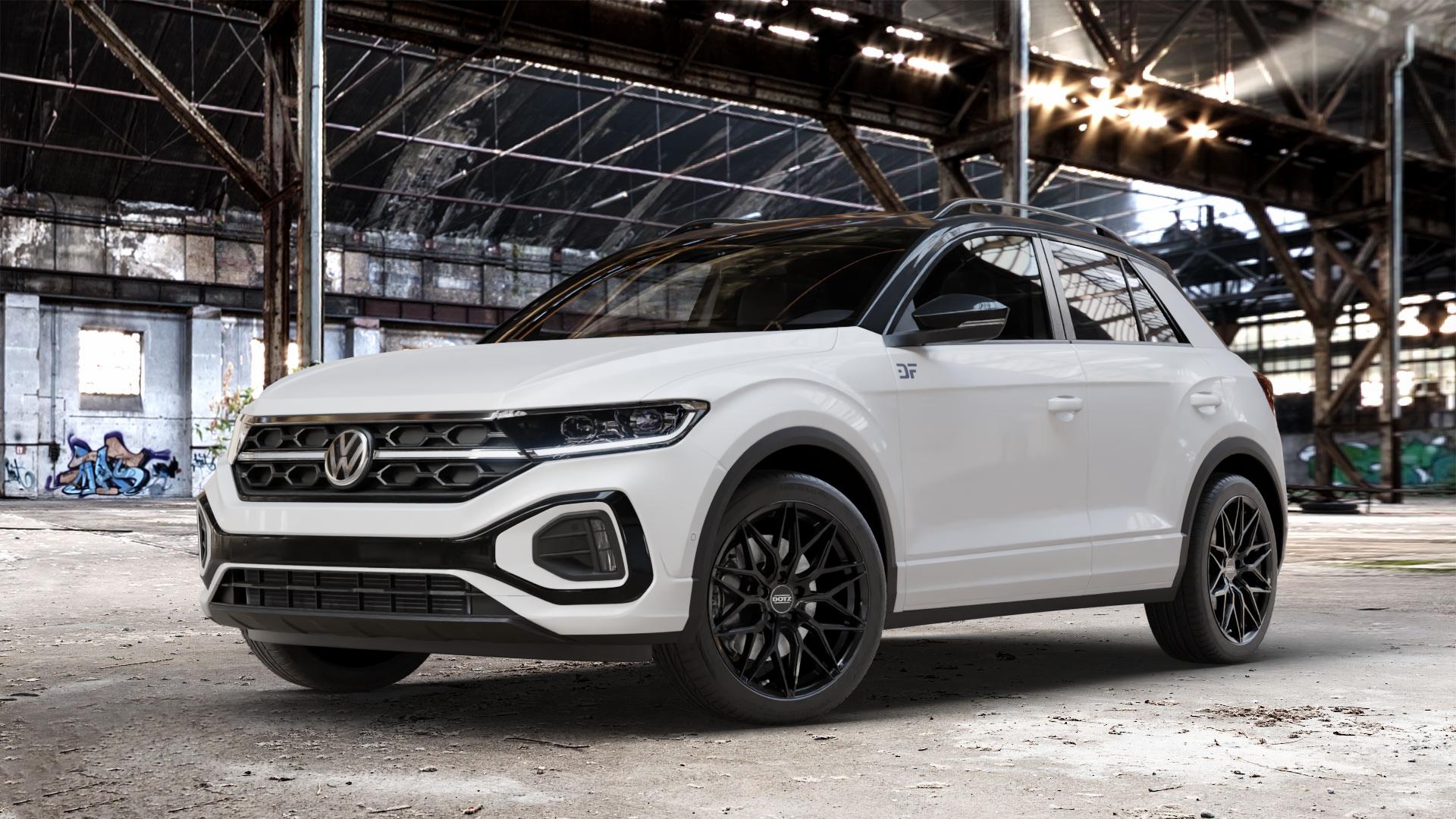 DOTZ SUZUKA BLACK Felge mit Reifen schwarz in 18Zoll Winterfelge Alufelge auf weissem Volkswagen (VW) T-Roc Facelift ⬇️ mit 15mm Tieferlegung ⬇️ Old Industrial Hall_max_4400mm_2024 Frontansicht_1