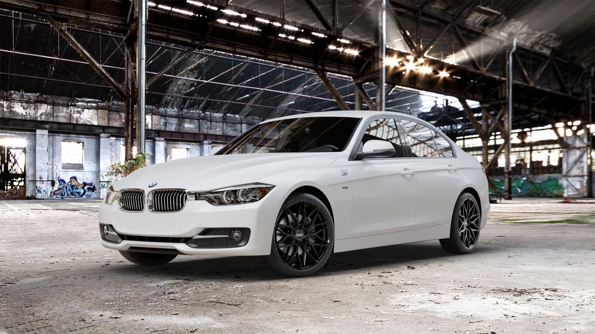 DOTZ SUZUKA BLACK Felge mit Reifen schwarz in 19Zoll Winterfelge Alufelge auf weissem BMW 320i Typ F30 (Limousine) 328i 335i 320d 318d 316d 316i 330d xDrive EffDyn Edition 325d 335d ActiveHybrid 3L (F30) 318i 330i 340i 330e iPerformance 3er Limous ⬇️ mit 15mm Tieferlegung ⬇️ Old Industrial Hall_max_5300mm_2024 Frontansicht_1