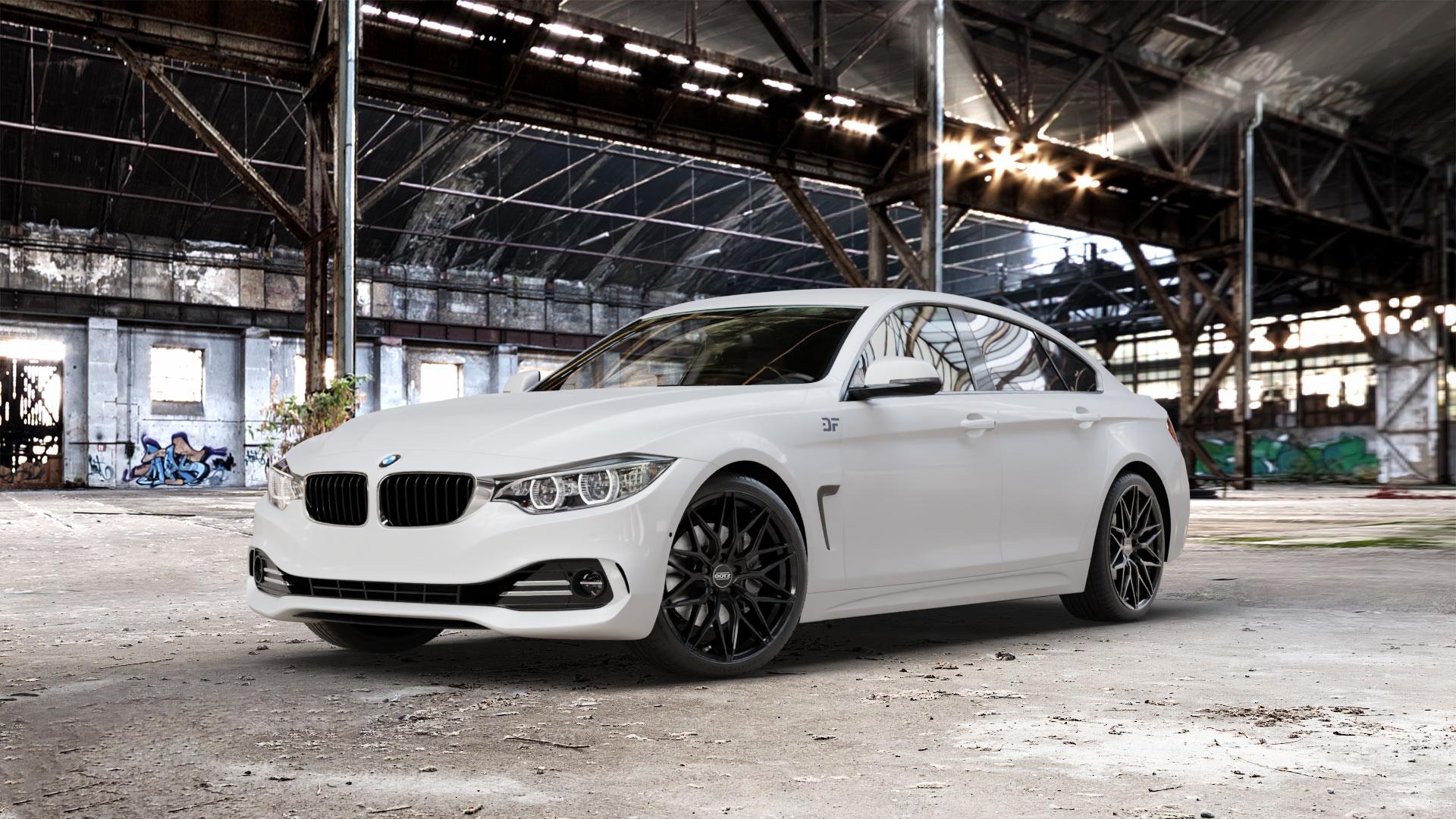 DOTZ SUZUKA BLACK Felge mit Reifen schwarz in 19Zoll Winterfelge Alufelge auf weissem BMW 418d Typ F36 (Gran Coupe) 420d xDrive 420i 428i 435i 430d 440i 418i 430i 425d 4er Gran Coupe (3C) ⬇️ mit 15mm Tieferlegung ⬇️ Old Industrial Hall_max_5300mm_2024 Frontansicht_1