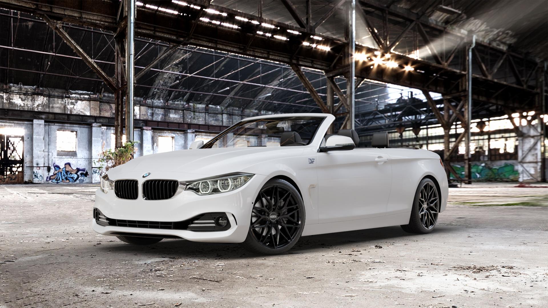 DOTZ SUZUKA BLACK Felge mit Reifen schwarz in 19Zoll Winterfelge Alufelge auf weissem BMW 428i Typ F33 (Cabrio) 435i 420d xDrive 420i 425d 430d 435d 430i 440i 4er Cabrio (3C) ⬇️ mit 15mm Tieferlegung ⬇️ Old Industrial Hall_max_5300mm_2024 Frontansicht_1