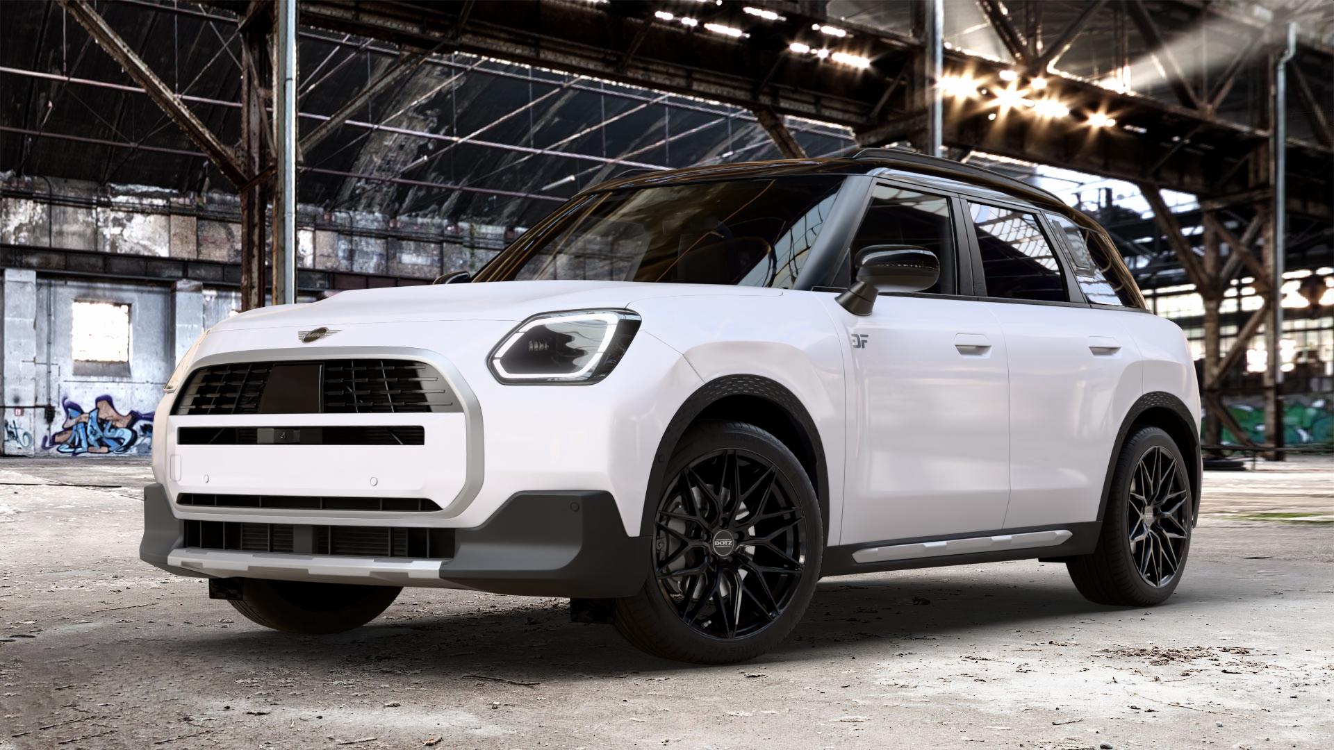 DOTZ SUZUKA BLACK Felge mit Reifen schwarz in 19Zoll Winterfelge Alufelge auf weissem Mini U25 Typ UMX (Countryman) 1,5l C 100kW Mild-Hybrid (136 PS) 115kW (156 2,0l JCW ALL4 221kW (300 D 110kW (150 0,0l E 68kW (92 S 150kW (204 SE 104kW (141 ⬇️ mit 15mm Tieferlegung ⬇️ Old Industrial Hall_max_4400mm_2024 Frontansicht_1