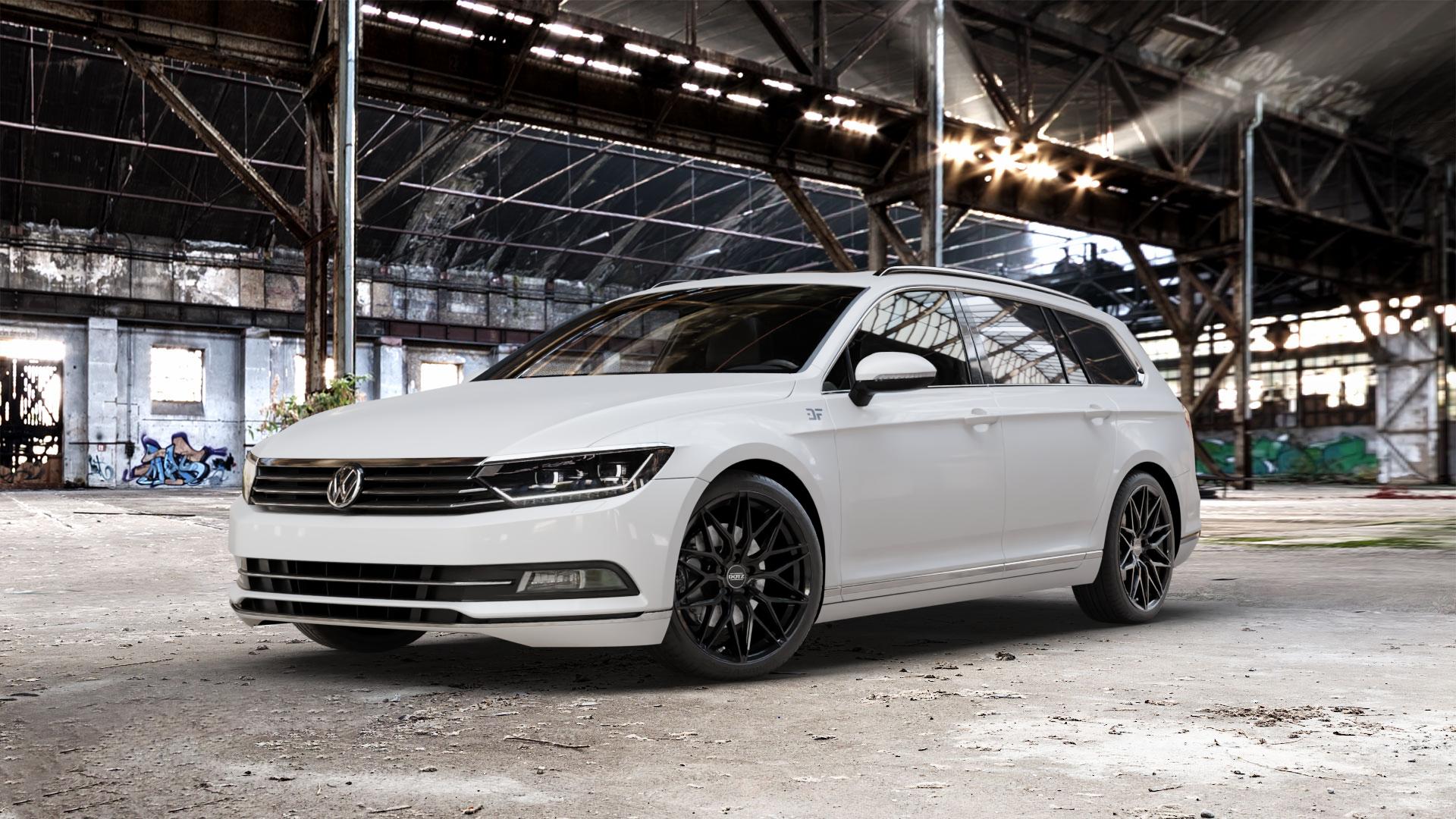 DOTZ SUZUKA BLACK Felge mit Reifen schwarz in 19Zoll Winterfelge Alufelge auf weissem Volkswagen (VW) Passat 3C/B8 Limousine Variant ⬇️ mit 15mm Tieferlegung ⬇️ Old Industrial Hall_max_5300mm_2024 Frontansicht_1