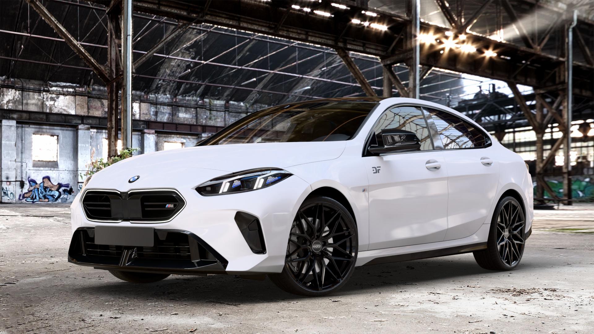DOTZ SUZUKA BLACK Felge mit Reifen schwarz in 20Zoll Winterfelge Alufelge auf weissem BMW M235 xDrive Typ F74 (Gran Coupe) 2,0l 221kW (300 PS) 2er Gran Coupe (F7) ⬇️ mit 15mm Tieferlegung ⬇️ Old Industrial Hall_max_4400mm_2024 Frontansicht_1
