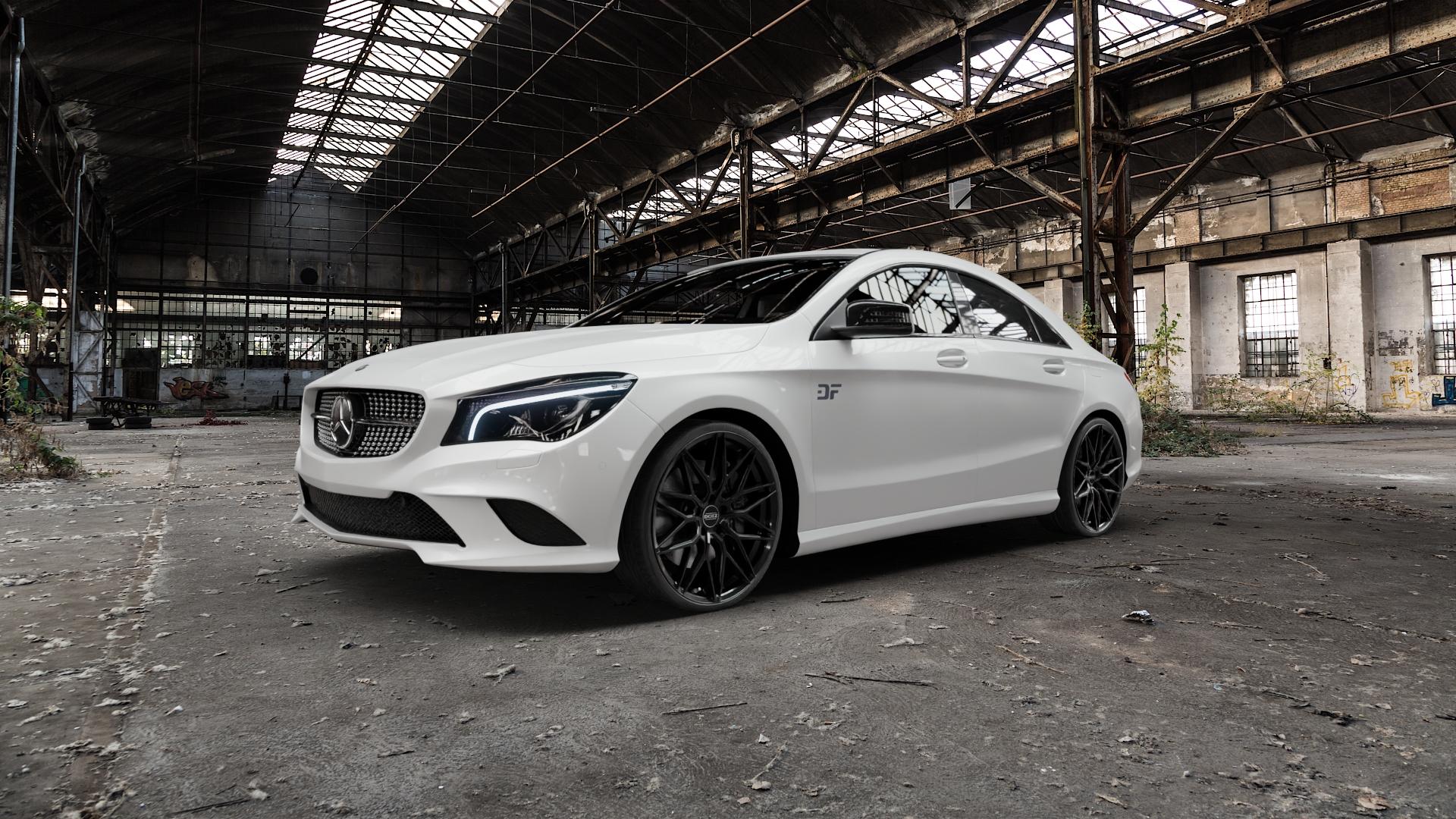 DOTZ SUZUKA BLACK Felge mit Reifen schwarz in 20Zoll Winterfelge Alufelge auf weissem Mercedes CLA-Klasse I Typ C117 245G ⬇️ mit 15mm Tieferlegung ⬇️ Old Industrial Hall_max5000mm_2022 Frontansicht_1