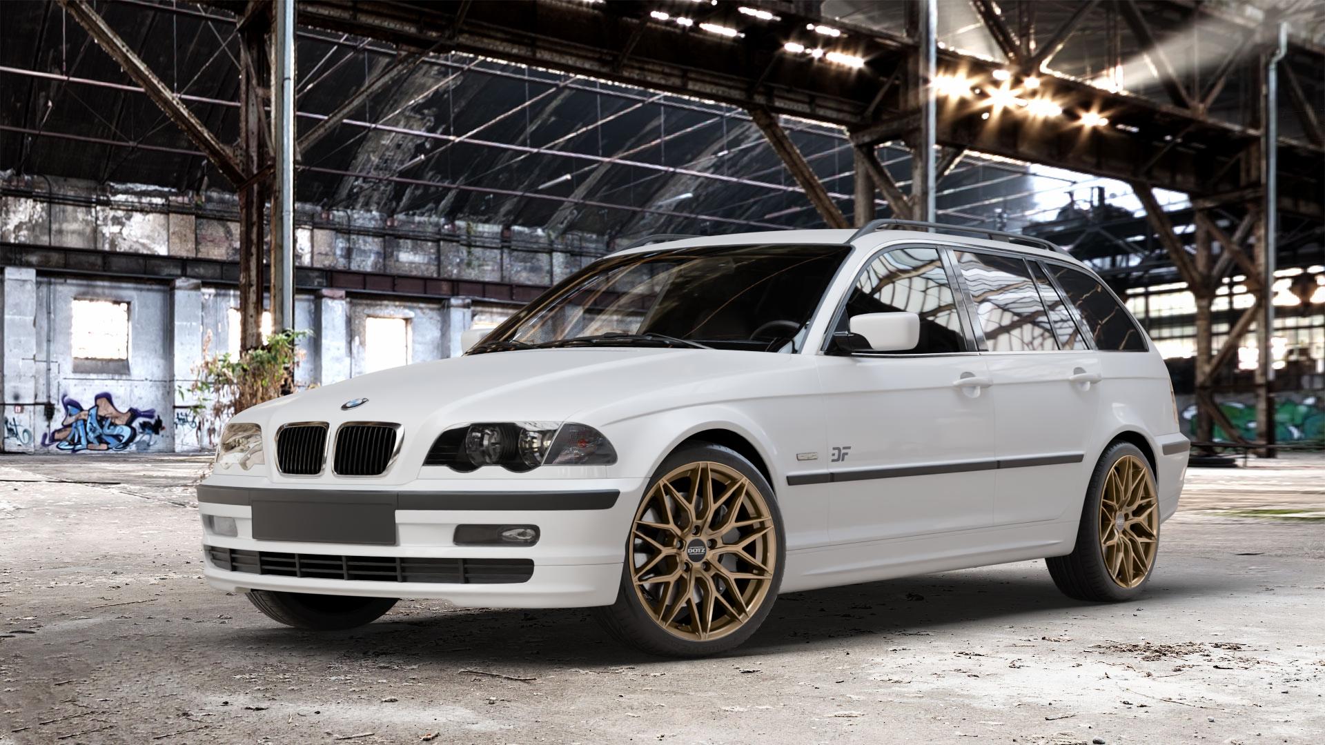 DOTZ SUZUKA BRONZE MATT Felge mit Reifen in 18Zoll Winterfelge Alufelge auf weissem BMW 316i Typ E46 (Touring) 318d 318i 320d 320i 325i 325xi 328i 330d 330i 330xd 330xi 3er Touring (346L) ⬇️ mit 15mm Tieferlegung ⬇️ Old Industrial Hall_max_4400mm_2024 Frontansicht_1
