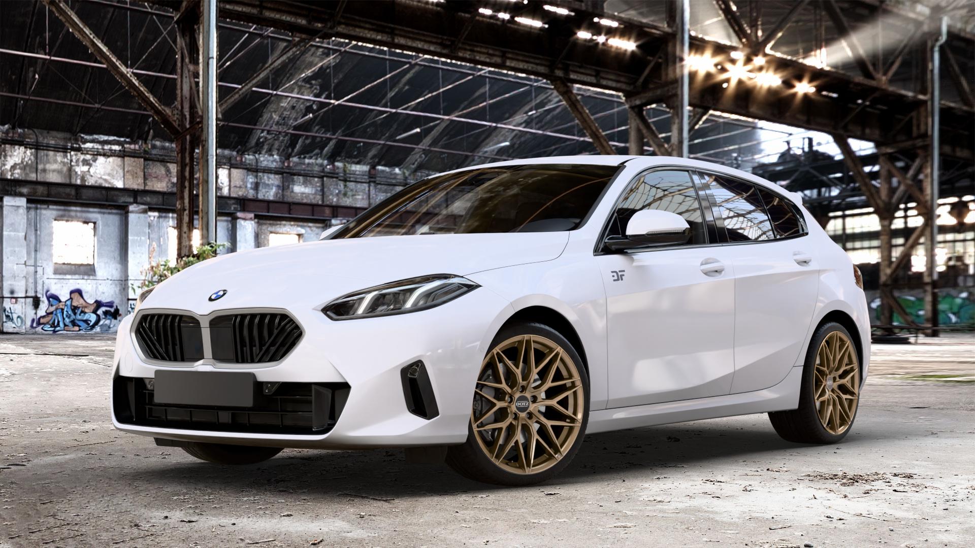 DOTZ SUZUKA BRONZE MATT Felge mit Reifen in 19Zoll Winterfelge Alufelge auf weissem BMW 118d Typ F70 120 1er Fünftürer (F7) ⬇️ mit 15mm Tieferlegung ⬇️ Old Industrial Hall_max_4400mm_2024 Frontansicht_1