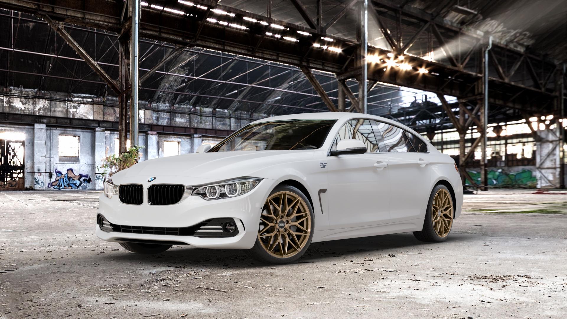 DOTZ SUZUKA BRONZE MATT Felge mit Reifen in 19Zoll Winterfelge Alufelge auf weissem BMW 418d Typ F36 (Gran Coupe) 420d xDrive 420i 428i 435i 430d 440i 418i 430i 425d 4er Gran Coupe (3C) ⬇️ mit 15mm Tieferlegung ⬇️ Old Industrial Hall_max_5300mm_2024 Frontansicht_1