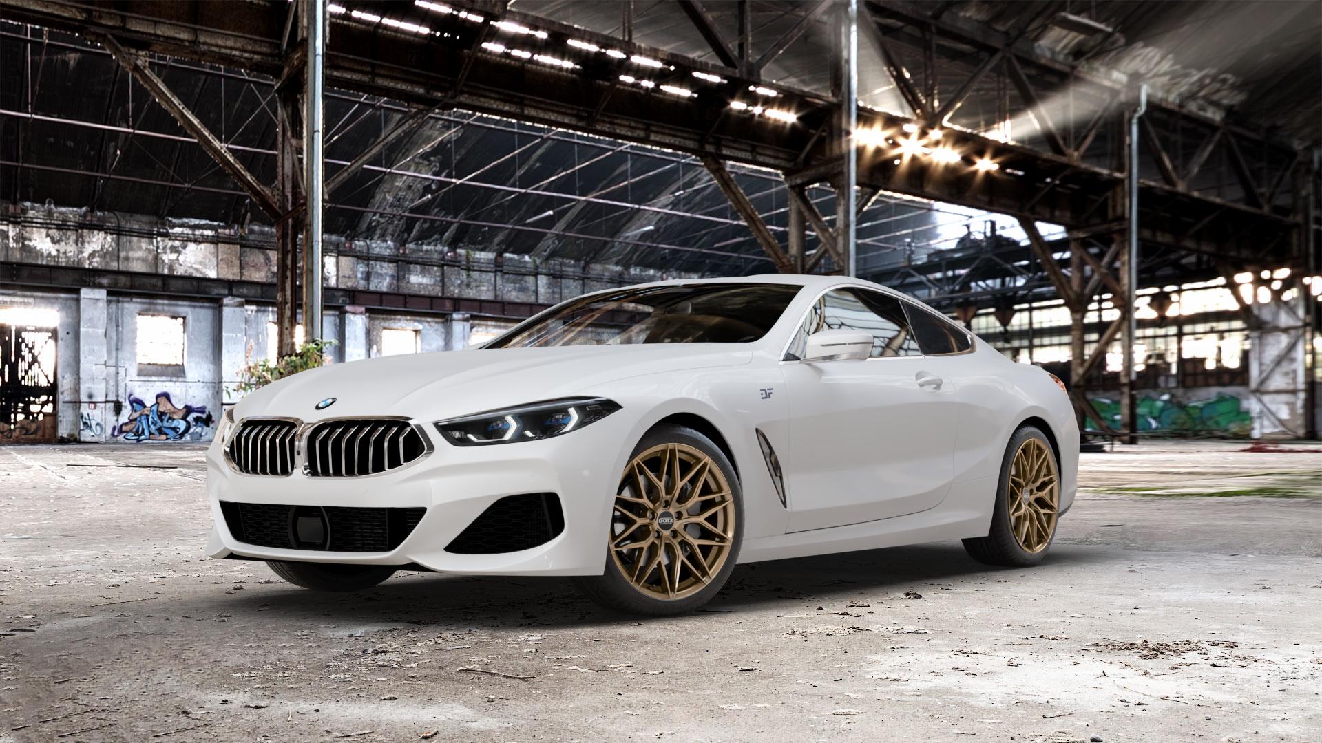 DOTZ SUZUKA BRONZE MATT Felge mit Reifen in 19Zoll Winterfelge Alufelge auf weissem BMW 840d xDrive Typ G15 M850i 840i M8 F8CM (Coupe) 8er Coupé (G8C) ⬇️ mit 15mm Tieferlegung ⬇️ Old Industrial Hall_max_5300mm_2024 Frontansicht_1
