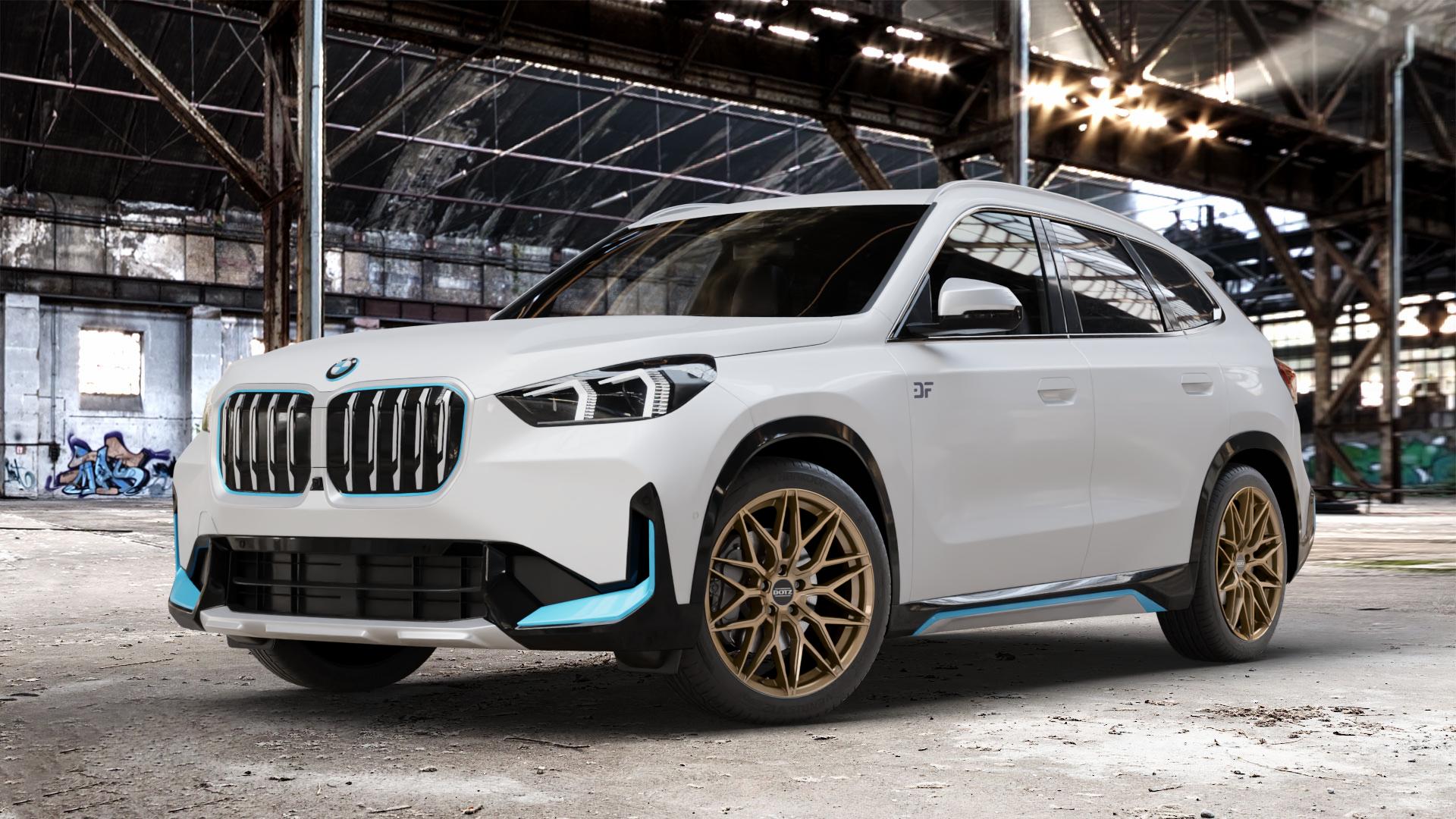 DOTZ SUZUKA BRONZE MATT Felge mit Reifen in 19Zoll Winterfelge Alufelge auf weissem BMW iX1 (U1X) ⬇️ mit 15mm Tieferlegung ⬇️ Old Industrial Hall_max_4400mm_2024 Frontansicht_1