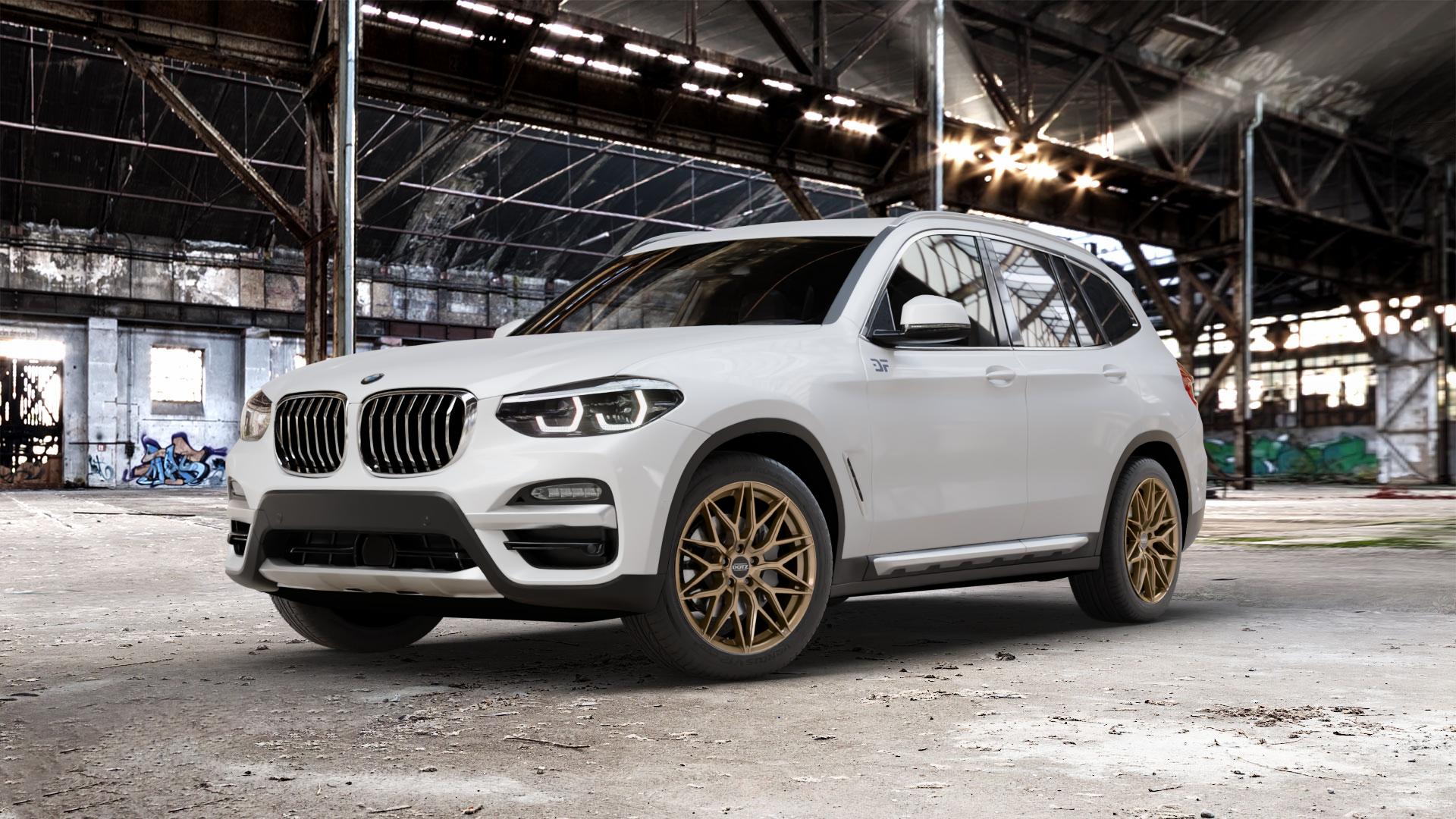 DOTZ SUZUKA BRONZE MATT Felge mit Reifen in 19Zoll Winterfelge Alufelge auf weissem BMW X3 Typ G01 (G3X) ⬇️ mit 15mm Tieferlegung ⬇️ Old Industrial Hall_max_5300mm_2024 Frontansicht_1