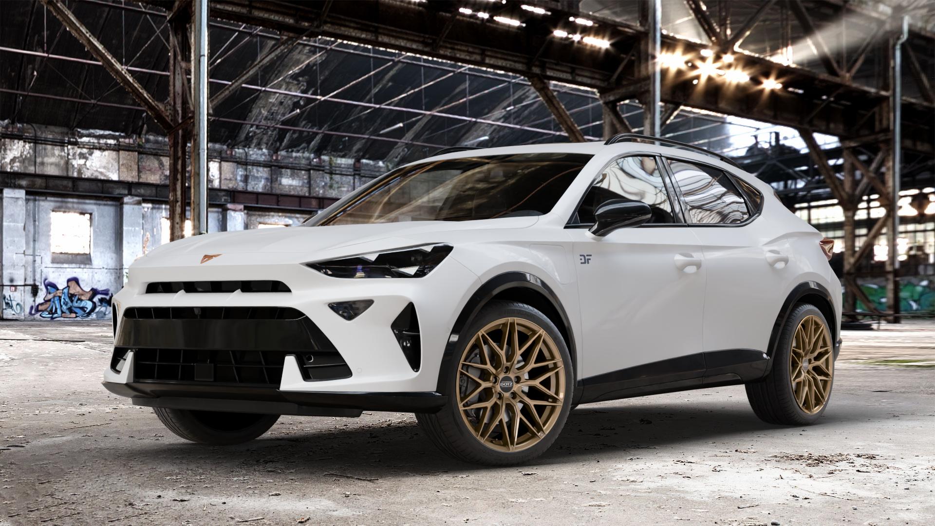 DOTZ SUZUKA BRONZE MATT Felge mit Reifen in 19Zoll Winterfelge Alufelge auf weissem Cupra Formentor Typ KM Facelift ⬇️ mit 15mm Tieferlegung ⬇️ Old Industrial Hall_max_4400mm_2024 Frontansicht_1