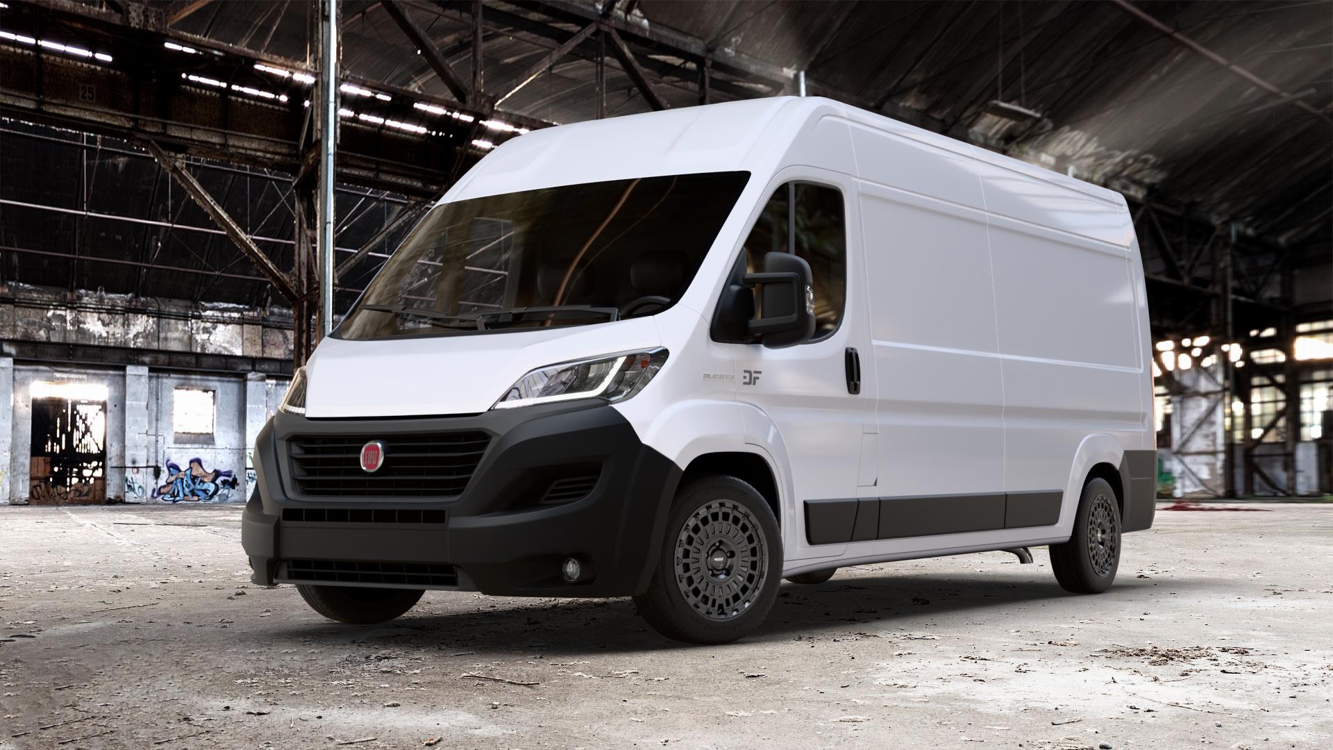 DOTZ TALARA BLACK MATT Felge mit Reifen schwarz in 18Zoll Winterfelge Alufelge auf weissem Fiat Ducato Kasten Typ 250 Facelift 0,0l 58kW e-Ducato (79 PS) ⬇️ mit 15mm Tieferlegung ⬇️ Old Industrial Hall_max_7000mm_2024 Frontansicht_1