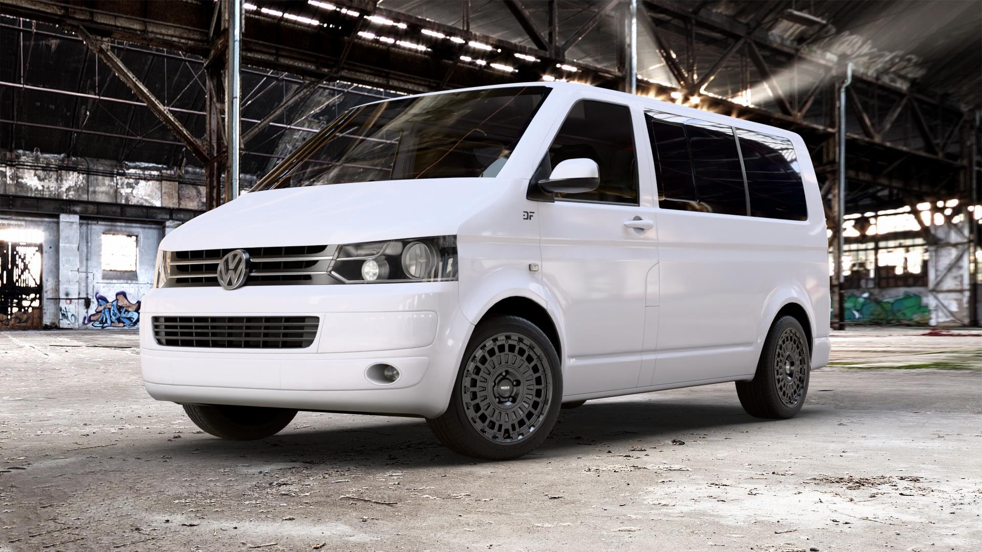 DOTZ TALARA BLACK MATT Felge mit Reifen schwarz in 18Zoll Winterfelge Alufelge auf weissem Volkswagen (VW) T5 Caravelle 2,0l TDI 62kW (84 PS) 84kW (114 103kW (140 75kW (102 100kW (136 132kW (179 TSI 150kW (204 110kW (150 4Motion Kombi Multivan ⬇️ mit 15mm Tieferlegung ⬇️ Old Industrial Hall_max_5300mm_2024 Frontansicht_1
