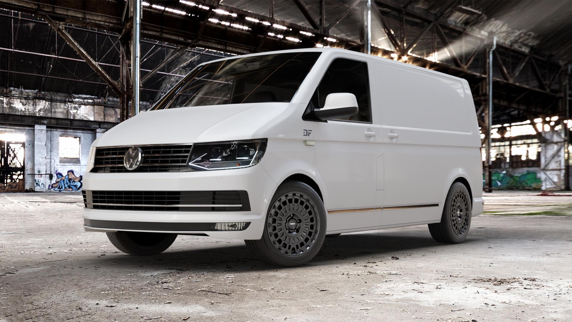 DOTZ TALARA BLACK MATT Felge mit Reifen schwarz in 18Zoll Winterfelge Alufelge auf weissem Volkswagen (VW) T6 Kastenwagen ⬇️ mit 15mm Tieferlegung ⬇️ Old Industrial Hall_max_5300mm_2024 Frontansicht_1