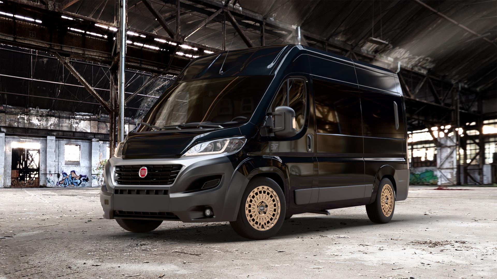 DOTZ TALARA BRONZE MATT Felge mit Reifen in 18Zoll Winterfelge Alufelge auf schwarzem metallic Fiat Ducato Bus Typ 250 Facelift ⬇️ mit 15mm Tieferlegung ⬇️ Old Industrial Hall_max_7000mm_2024 Frontansicht_1