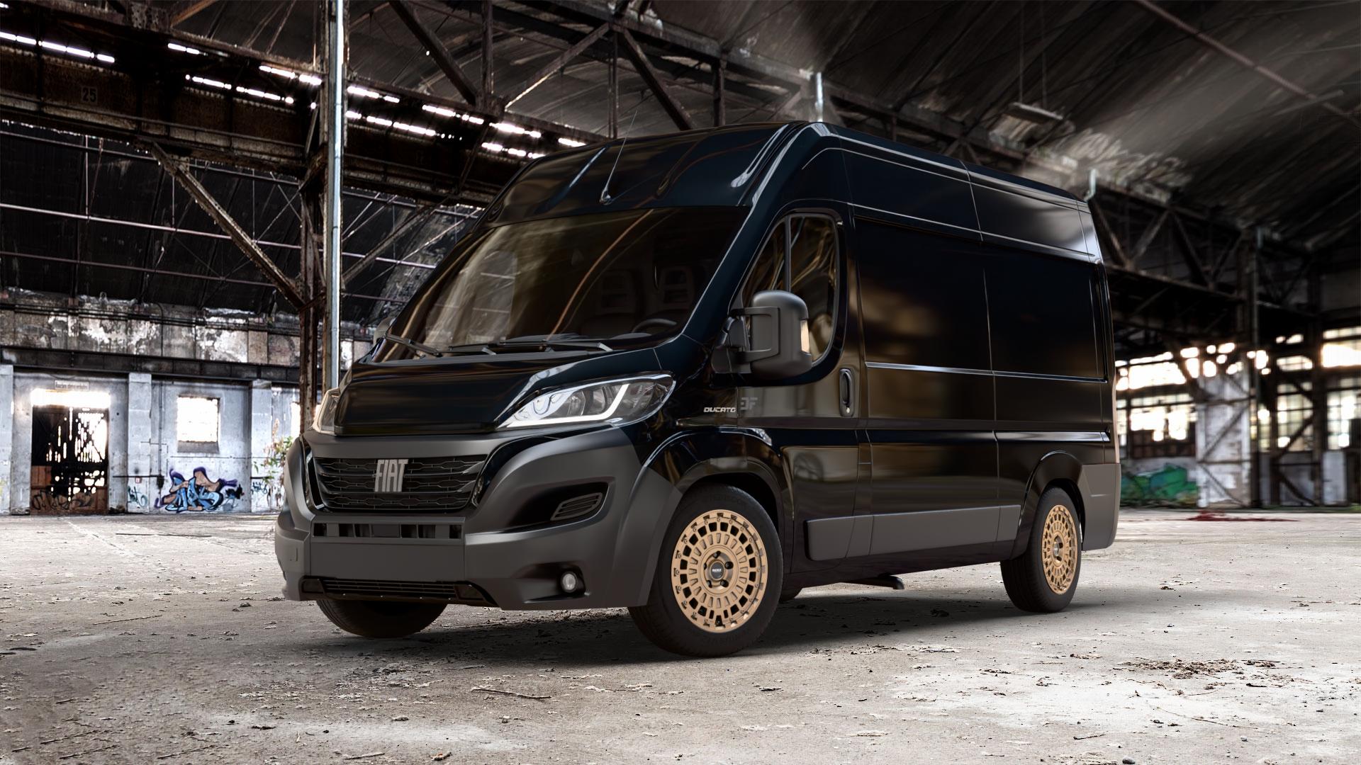 DOTZ TALARA BRONZE MATT Felge mit Reifen in 18Zoll Winterfelge Alufelge auf schwarzem metallic Fiat Ducato Kasten Typ 250 Facelift 22-> ⬇️ mit 15mm Tieferlegung ⬇️ Old Industrial Hall_max_7000mm_2024 Frontansicht_1