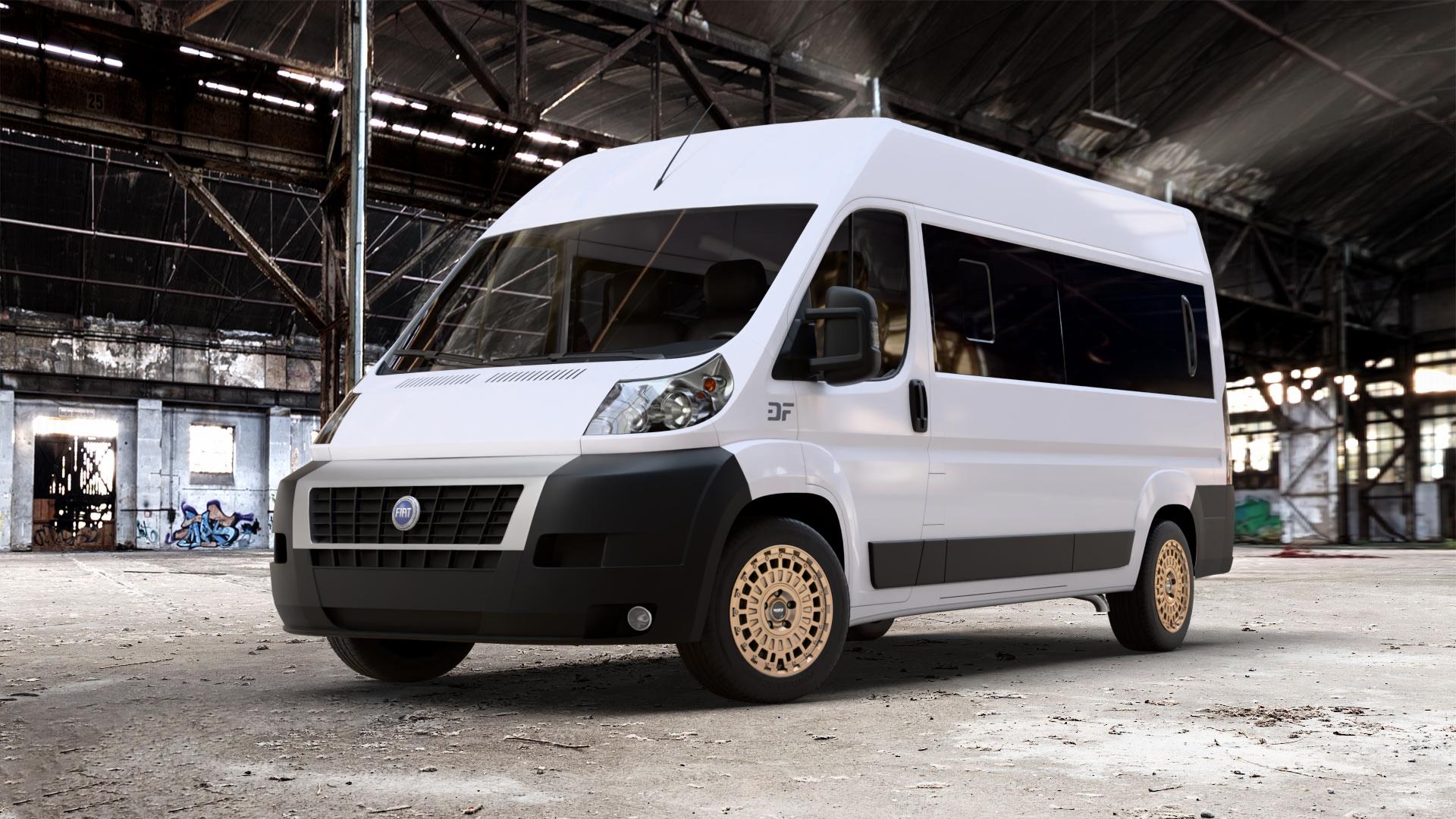 DOTZ TALARA BRONZE MATT Felge mit Reifen in 18Zoll Winterfelge Alufelge auf weissem Fiat Ducato Bus Typ 250 ⬇️ mit 15mm Tieferlegung ⬇️ Old Industrial Hall_max_7000mm_2024 Frontansicht_1