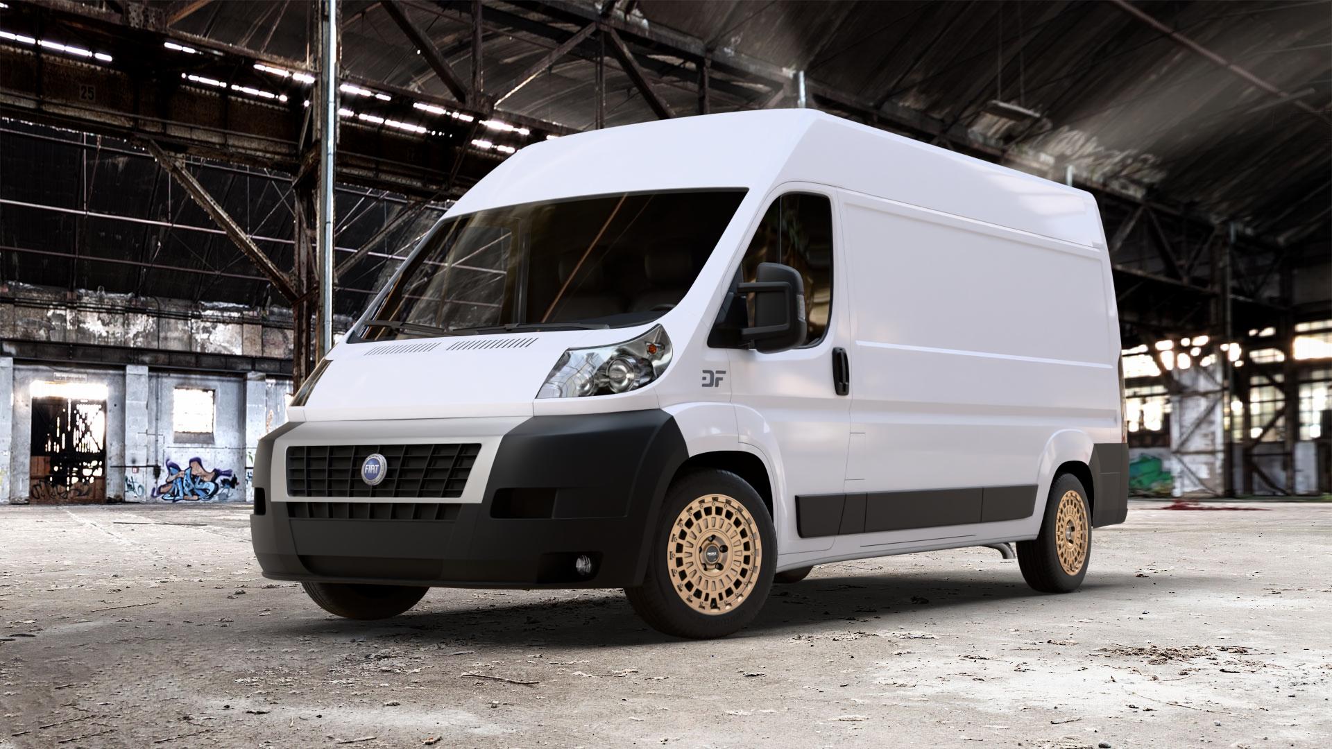 DOTZ TALARA BRONZE MATT Felge mit Reifen in 18Zoll Winterfelge Alufelge auf weissem Fiat Ducato Kasten Typ 250 ⬇️ mit 15mm Tieferlegung ⬇️ Old Industrial Hall_max_7000mm_2024 Frontansicht_1
