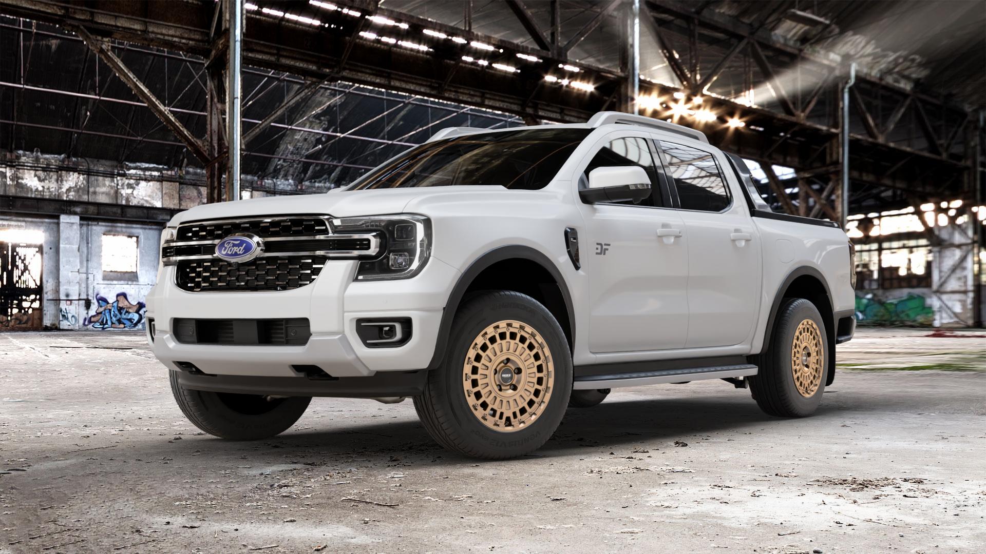 DOTZ TALARA BRONZE MATT Felge mit Reifen in 18Zoll Winterfelge Alufelge auf weissem Ford Ranger VII Typ 2AB ⬇️ mit 15mm Tieferlegung ⬇️ Old Industrial Hall_max_5300mm_2024 Frontansicht_1