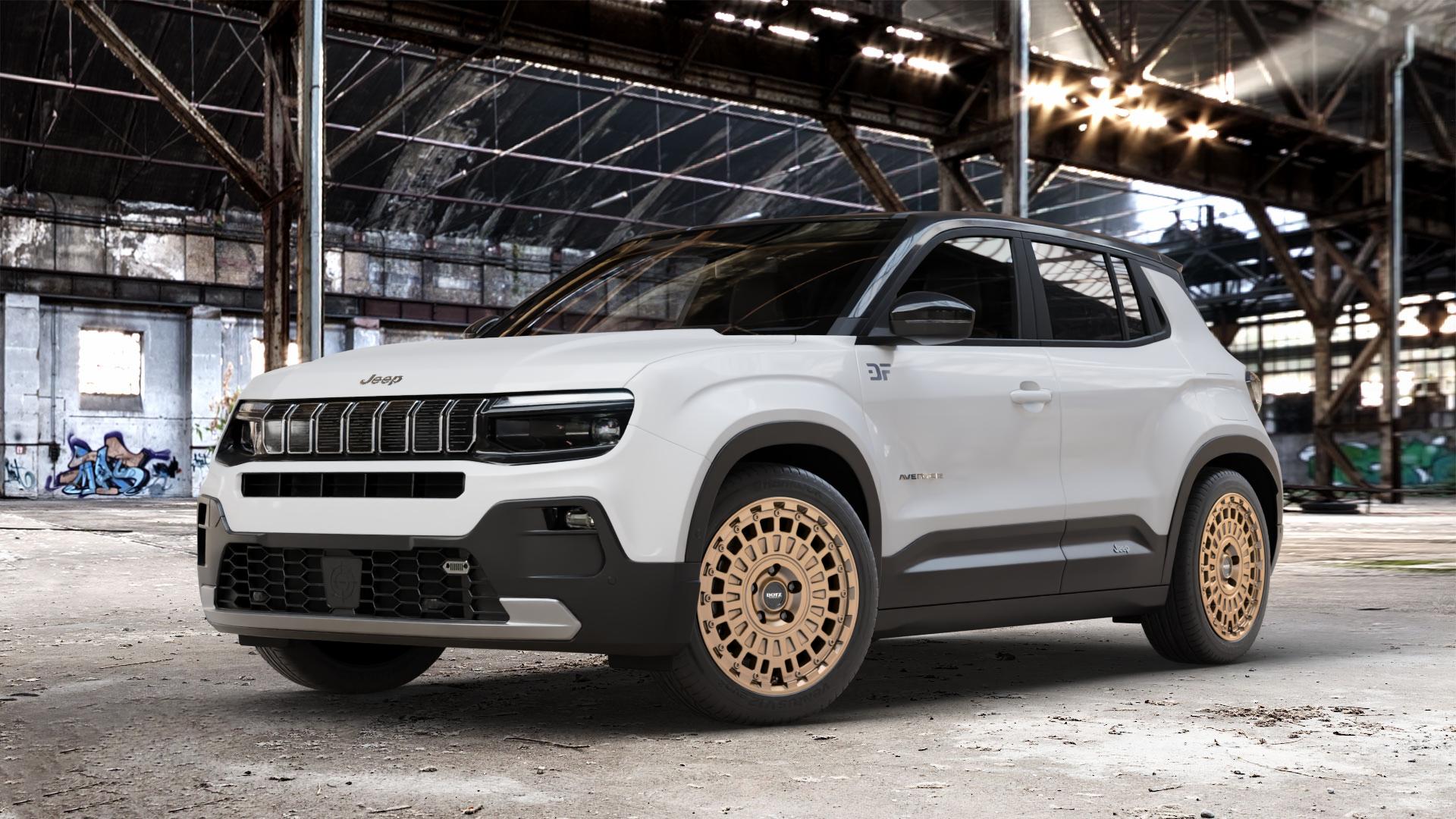 DOTZ TALARA BRONZE MATT Felge mit Reifen in 18Zoll Winterfelge Alufelge auf weissem Jeep Avenger Typ FH1 ⬇️ mit 15mm Tieferlegung ⬇️ Old Industrial Hall_max_4400mm_2024 Frontansicht_1