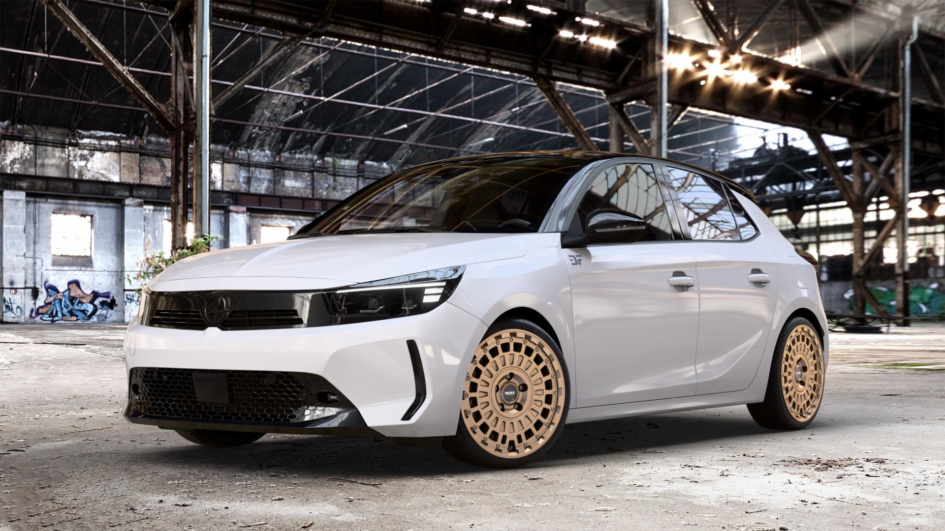 DOTZ TALARA BRONZE MATT Felge mit Reifen in 18Zoll Winterfelge Alufelge auf weissem Opel Corsa F Typ U Facelift 0,0l 57kW Corsa-e (77 PS) 62kW (84 1,2l Turbo 74kW Mild-Hybrid (101 100kW (136 ⬇️ mit 15mm Tieferlegung ⬇️ Old Industrial Hall_max_4400mm_2024 Frontansicht_1