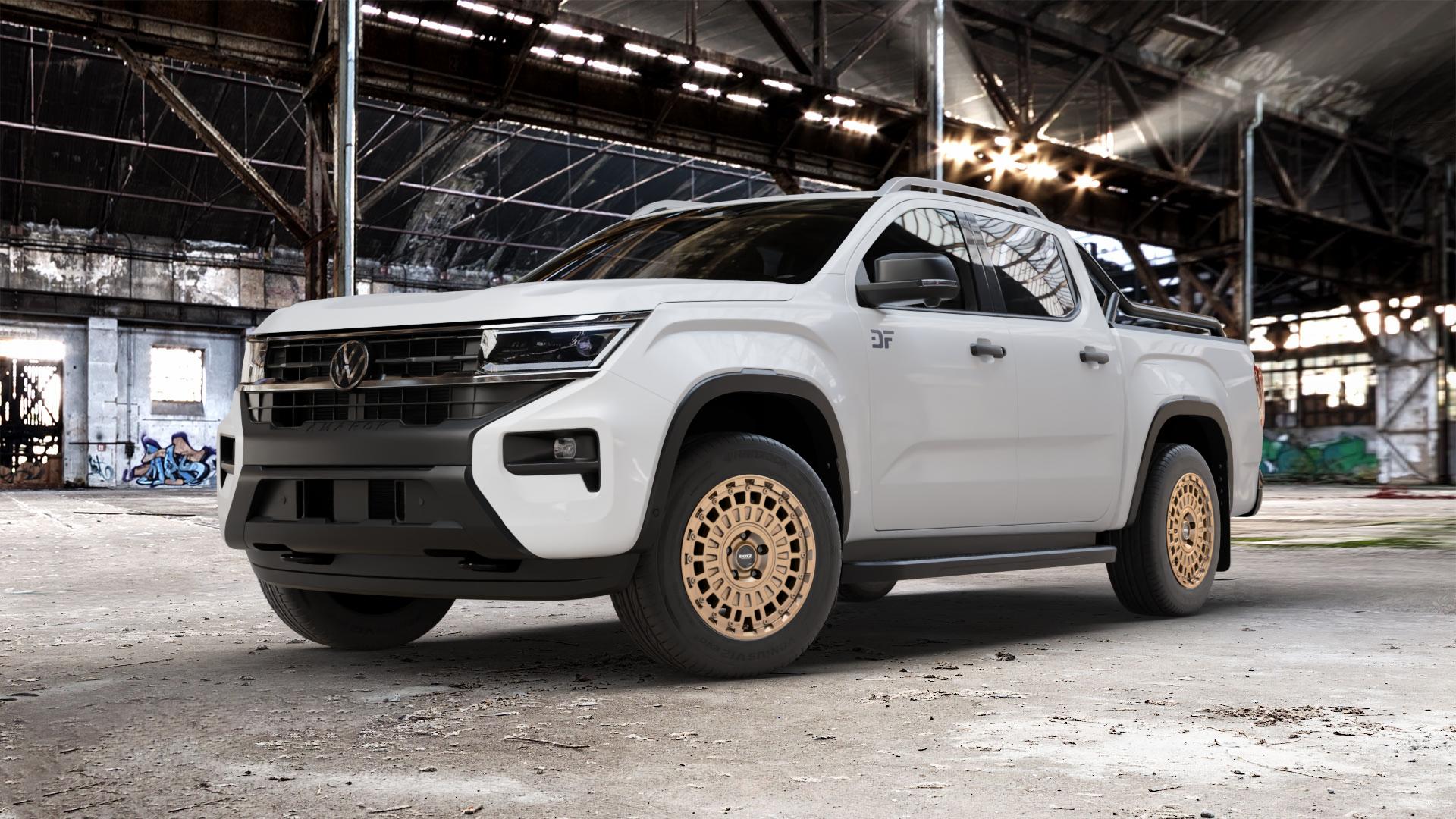 DOTZ TALARA BRONZE MATT Felge mit Reifen in 18Zoll Winterfelge Alufelge auf weissem Volkswagen (VW) Amarok II Typ T1 ⬇️ mit 15mm Tieferlegung ⬇️ Old Industrial Hall_max_5300mm_2024 Frontansicht_1