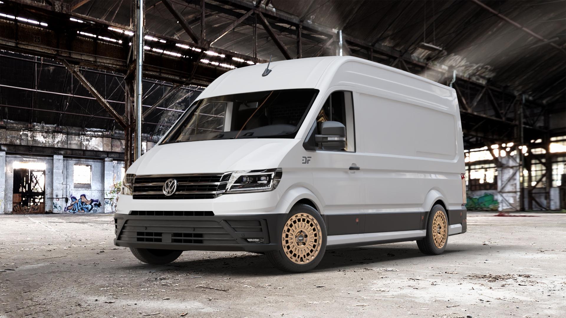 DOTZ TALARA BRONZE MATT Felge mit Reifen in 18Zoll Winterfelge Alufelge auf weissem Volkswagen (VW) Crafter Typ SYN1E SZN1E SYN2E SZN2E ⬇️ mit 15mm Tieferlegung ⬇️ Old Industrial Hall_max_7000mm_2024 Frontansicht_1