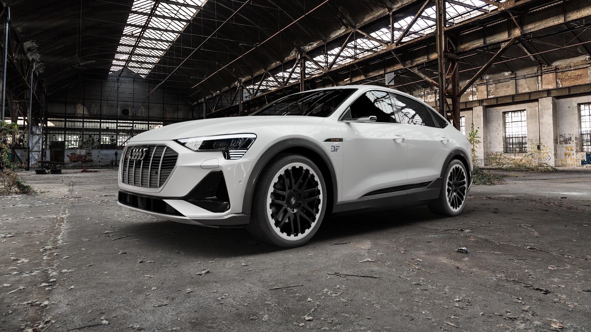etabeta COMBAT Black matt lip pol. Felge mit Reifen schwarz in 22Zoll Alufelge auf weissem Audi E-Tron S Sportback Typ GE ⬇️ mit 15mm Tieferlegung ⬇️ Old Industrial Hall_max5000mm_2022 Frontansicht_1