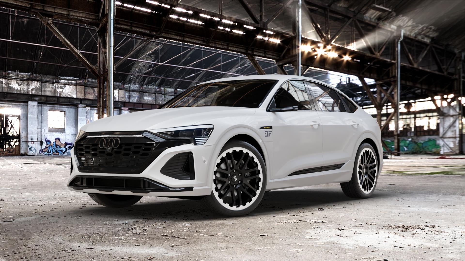 etabeta COMBAT Black matt lip pol. Felge mit Reifen schwarz in 22Zoll Alufelge auf weissem Audi Q8 Sportback Typ GE ⬇️ mit 15mm Tieferlegung ⬇️ Old Industrial Hall_max_5300mm_2024 Frontansicht_1