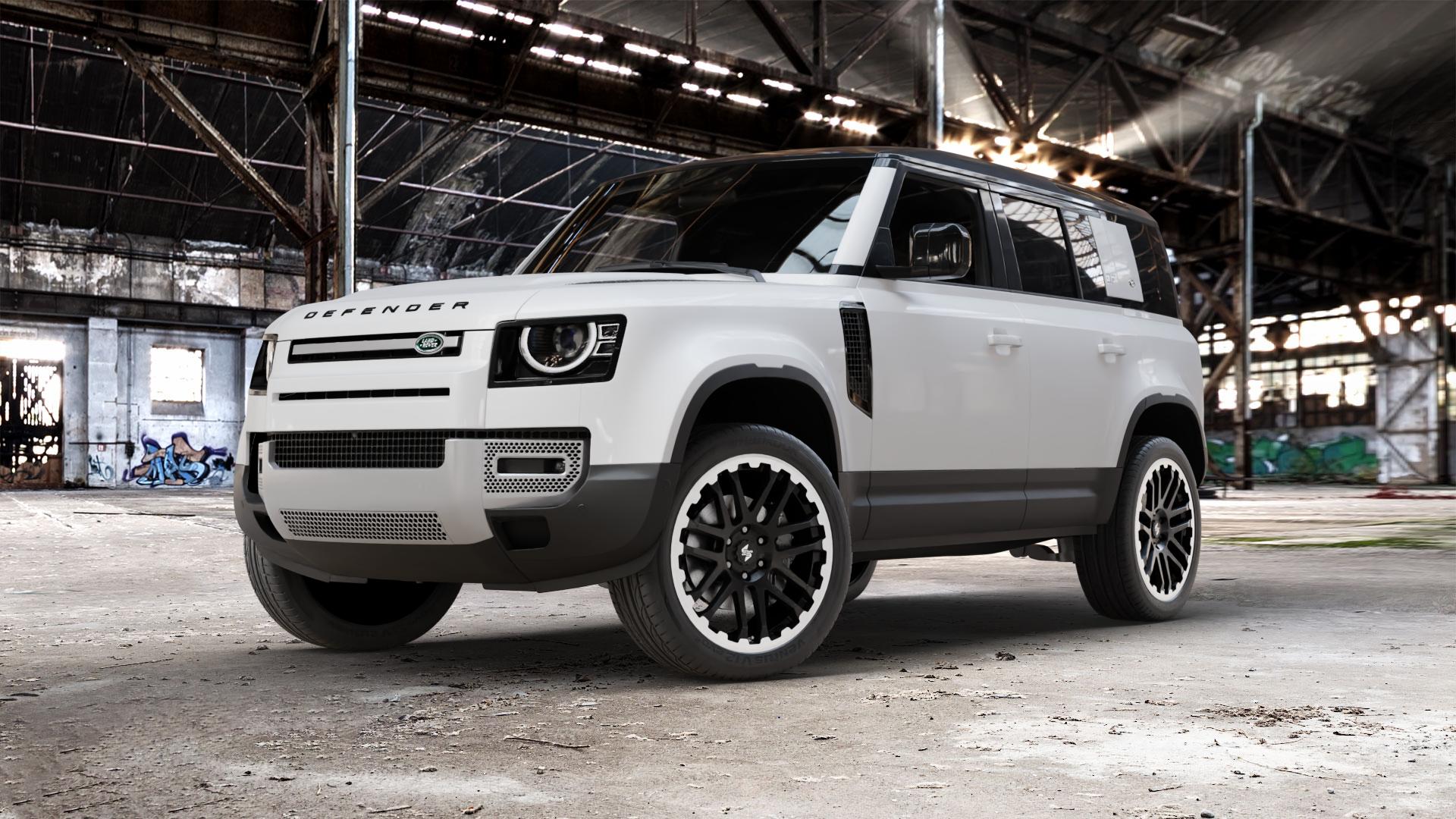 etabeta COMBAT Black matt lip pol. Felge mit Reifen schwarz in 22Zoll Alufelge auf weissem Land Rover Defender 110 Typ LE ⬇️ mit 15mm Tieferlegung ⬇️ Old Industrial Hall_max_5300mm_2024 Frontansicht_1