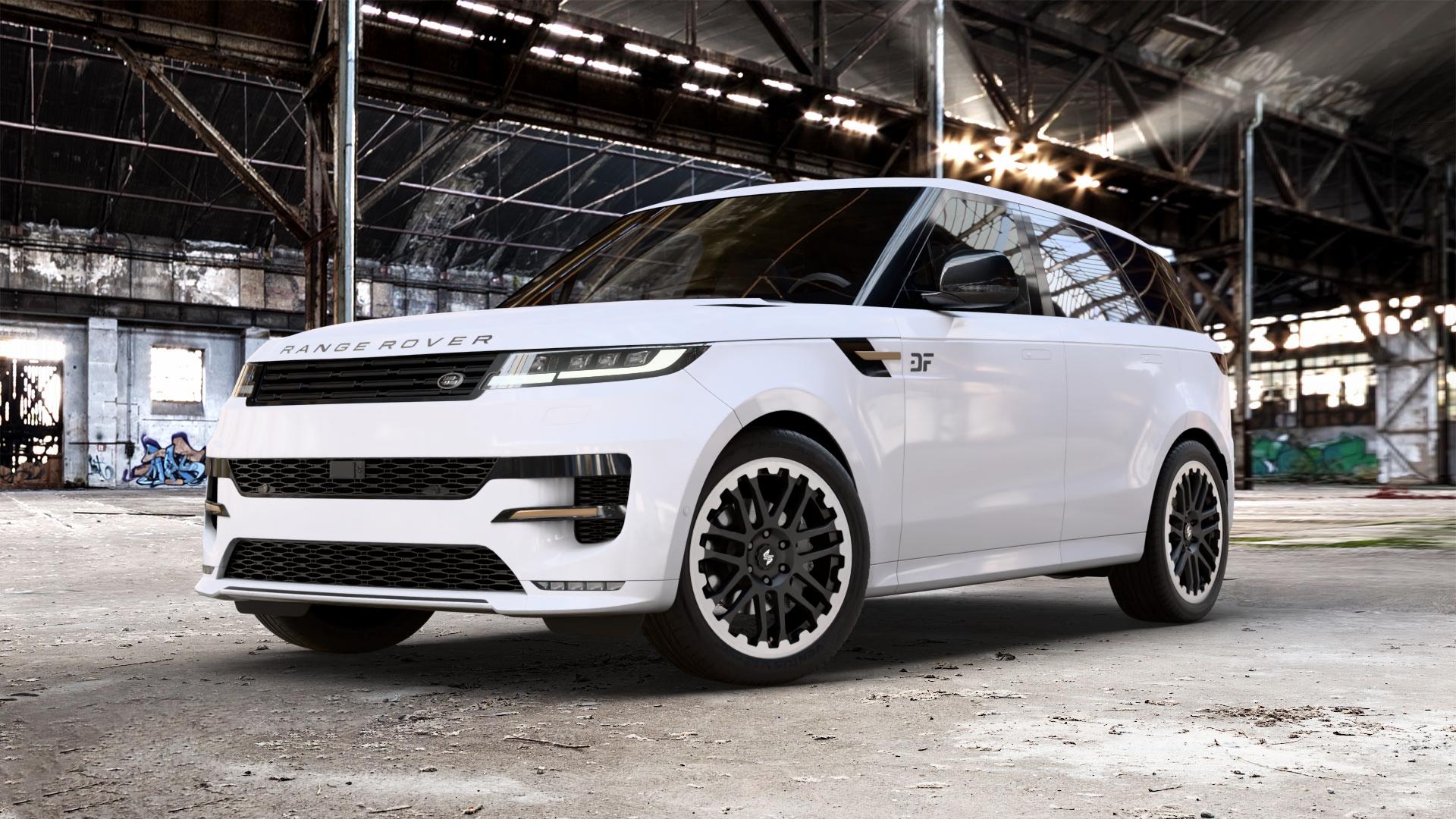 etabeta COMBAT Black matt lip pol. Felge mit Reifen schwarz in 22Zoll Alufelge auf weissem Land Rover Range Sport Typ LS LW Facelift L1 ⬇️ mit 15mm Tieferlegung ⬇️ Old Industrial Hall_max_5300mm_2024 Frontansicht_1