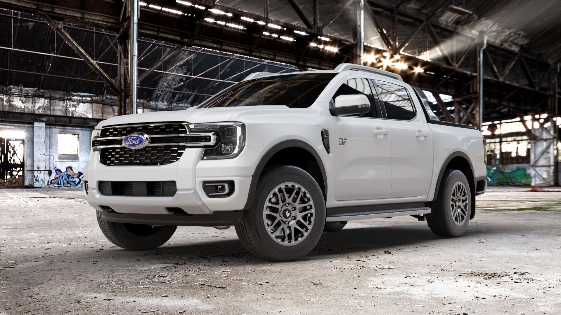 etabeta COMBAT CV Anthracite matt Felge mit Reifen grau anthrazit in 18Zoll Winterfelge Alufelge auf weissem Ford Ranger VII Typ 2AB ⬇️ mit 15mm Tieferlegung ⬇️ Old Industrial Hall_max_5300mm_2024 Frontansicht_1